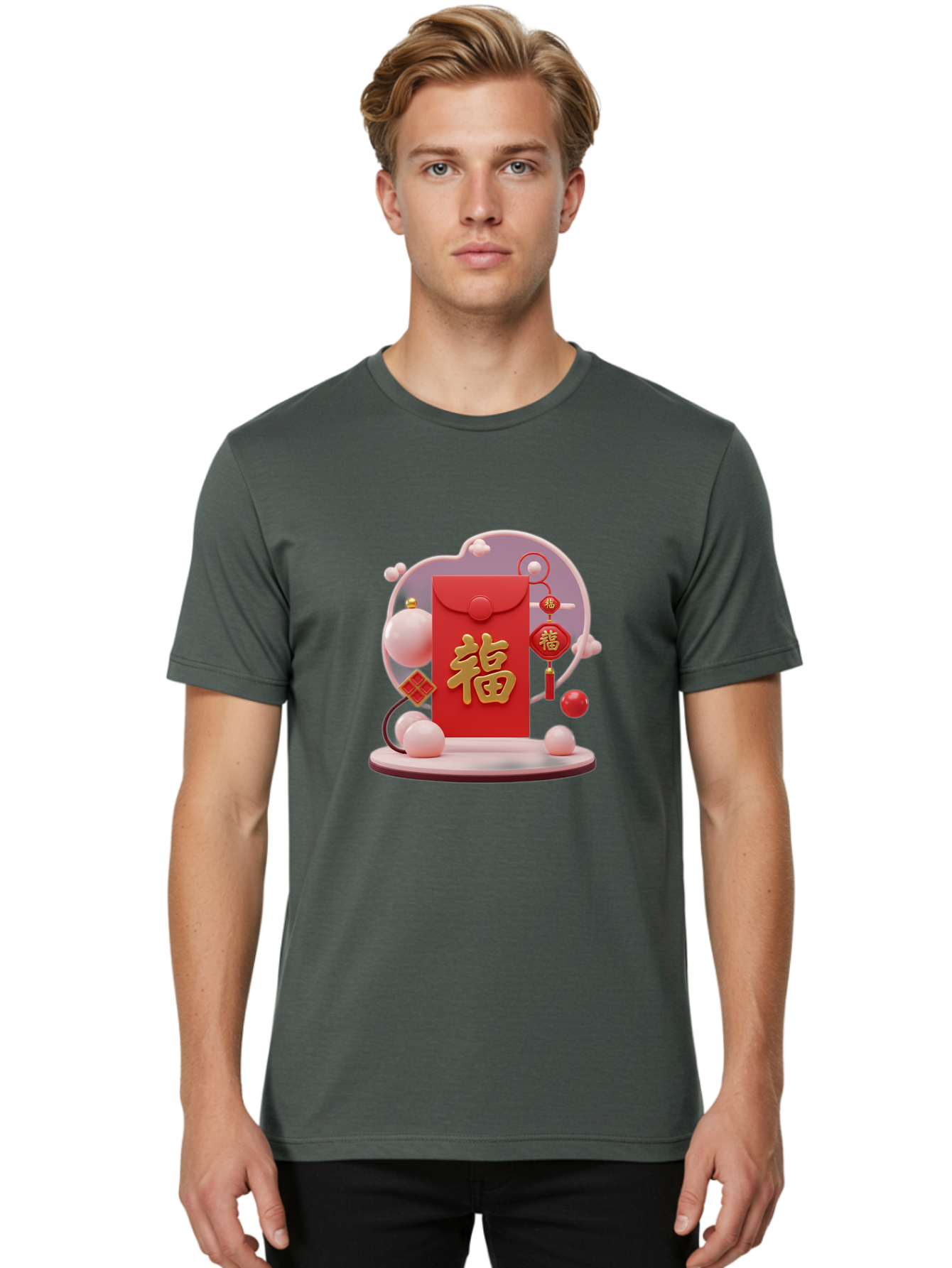 Fu-Red-Envelope Men'S Graphic Tee, 100% Cotton, Comfortable Casual Summer Wear, Machine Washable, Red Envelope, Chinese New Year, Fu Character, Gold Symbol, Traditional Decoration, Cultural Heritage, Prosperity, Good Fortune, Baa704