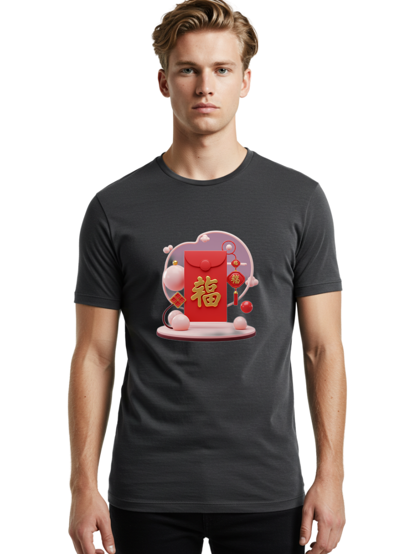 Fu-Red-Envelope Men'S Graphic Tee, 100% Cotton, Comfortable Casual Summer Wear, Machine Washable, Red Envelope, Chinese New Year, Fu Character, Gold Symbol, Traditional Decoration, Cultural Heritage, Prosperity, Good Fortune, Baa704