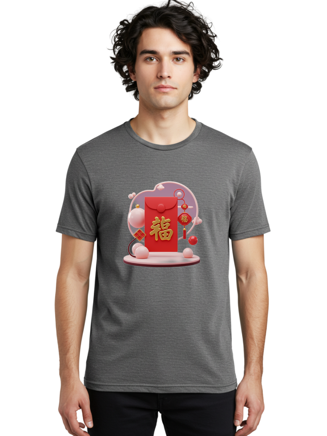 Fu-Red-Envelope Men'S Graphic Tee, 100% Cotton, Comfortable Casual Summer Wear, Machine Washable, Red Envelope, Chinese New Year, Fu Character, Gold Symbol, Traditional Decoration, Cultural Heritage, Prosperity, Good Fortune, Baa704