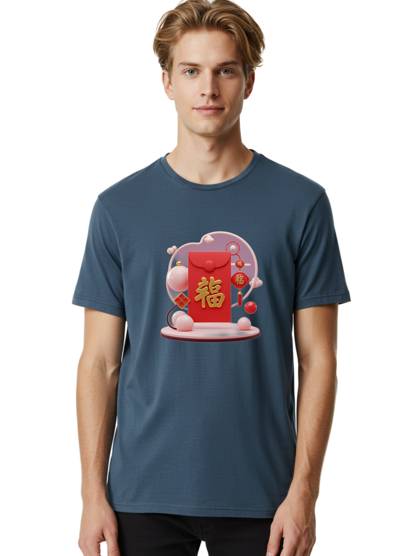 Fu-Red-Envelope Men'S Graphic Tee, 100% Cotton, Comfortable Casual Summer Wear, Machine Washable, Red Envelope, Chinese New Year, Fu Character, Gold Symbol, Traditional Decoration, Cultural Heritage, Prosperity, Good Fortune, Baa704