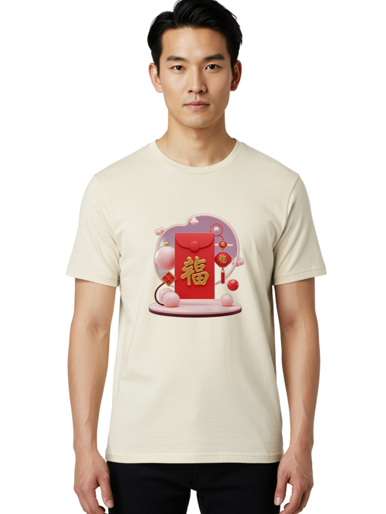 Fu-Red-Envelope Men'S Graphic Tee, 100% Cotton, Comfortable Casual Summer Wear, Machine Washable, Red Envelope, Chinese New Year, Fu Character, Gold Symbol, Traditional Decoration, Cultural Heritage, Prosperity, Good Fortune, Baa704