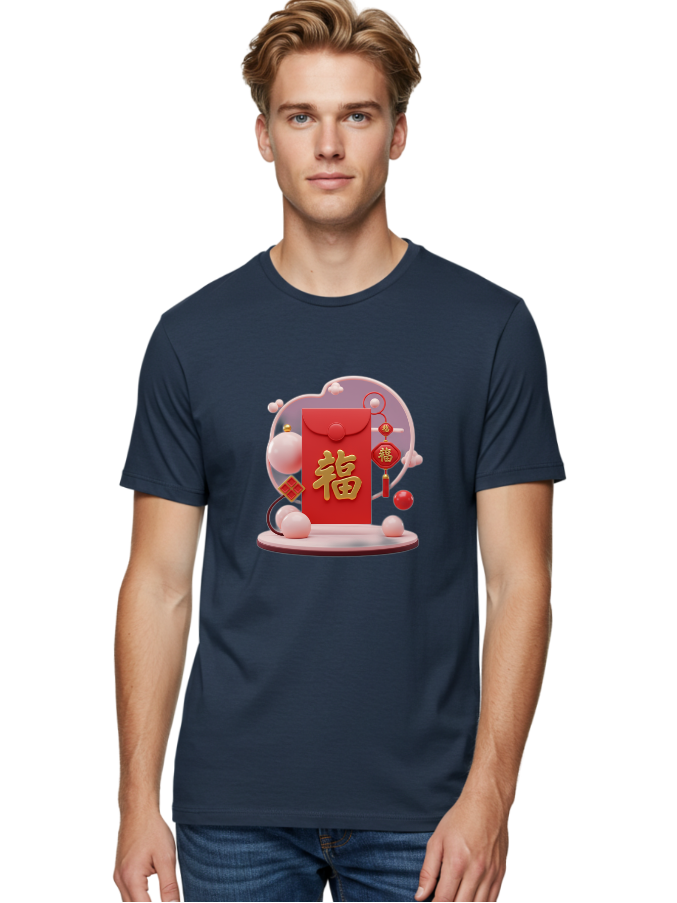 Fu-Red-Envelope Men'S Graphic Tee, 100% Cotton, Comfortable Casual Summer Wear, Machine Washable, Red Envelope, Chinese New Year, Fu Character, Gold Symbol, Traditional Decoration, Cultural Heritage, Prosperity, Good Fortune, Baa704