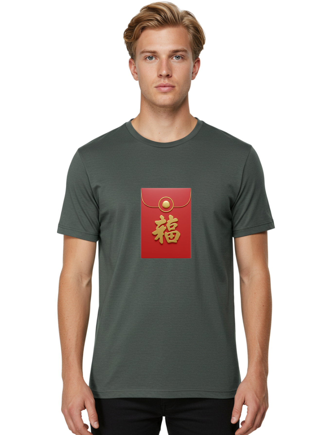 Fu Men'S Graphic Tee, 100% Cotton, Comfortable Casual Summer Wear, Machine Washable, Red Envelope With Gold Clasp, Chinese Character For Good Fortune, Fu Symbol, Gold Accents, Traditional Chinese Gift, Auspicious Symbol, Lucky Charm, Baa705