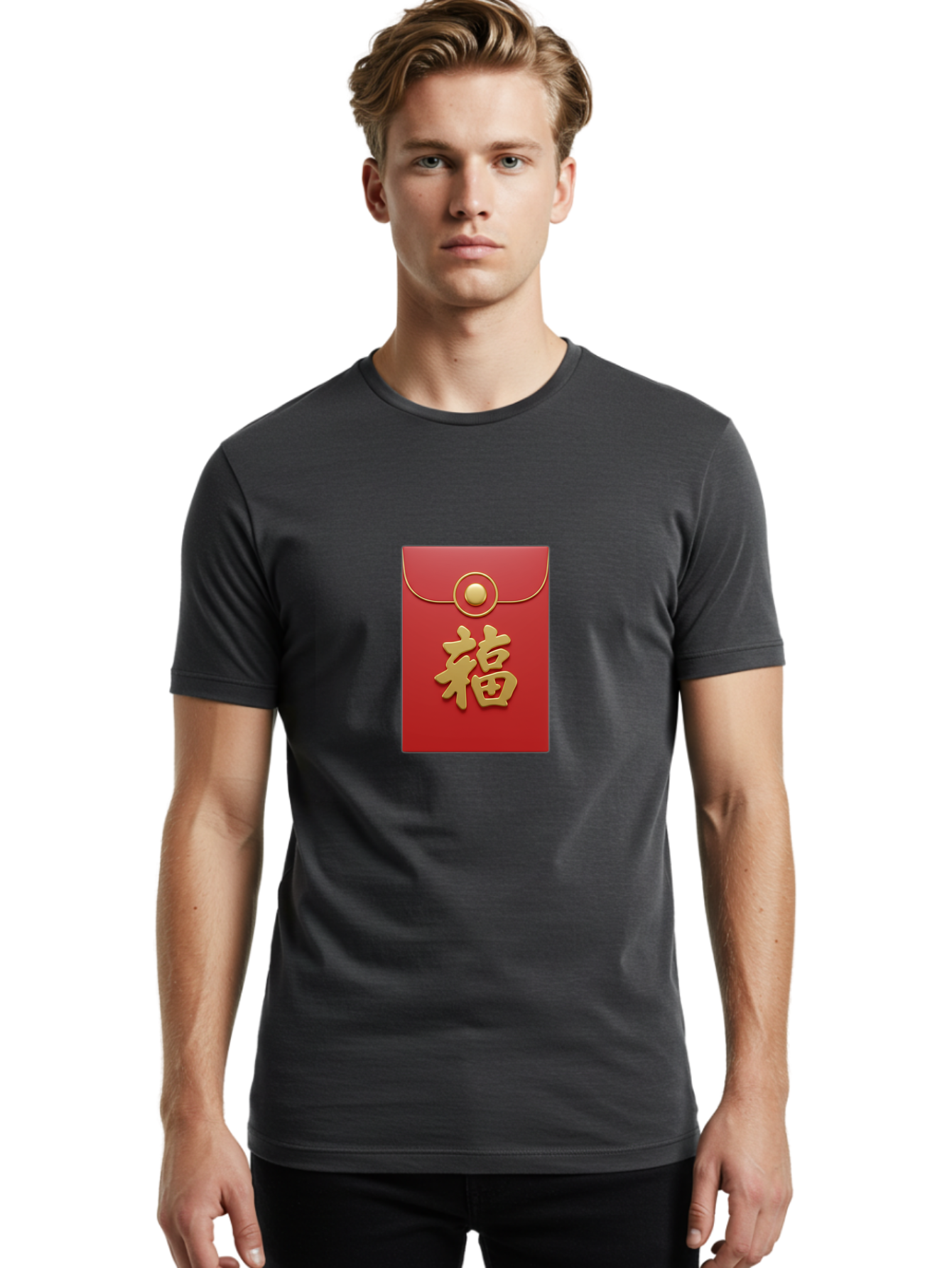 Fu Men'S Graphic Tee, 100% Cotton, Comfortable Casual Summer Wear, Machine Washable, Red Envelope With Gold Clasp, Chinese Character For Good Fortune, Fu Symbol, Gold Accents, Traditional Chinese Gift, Auspicious Symbol, Lucky Charm, Baa705
