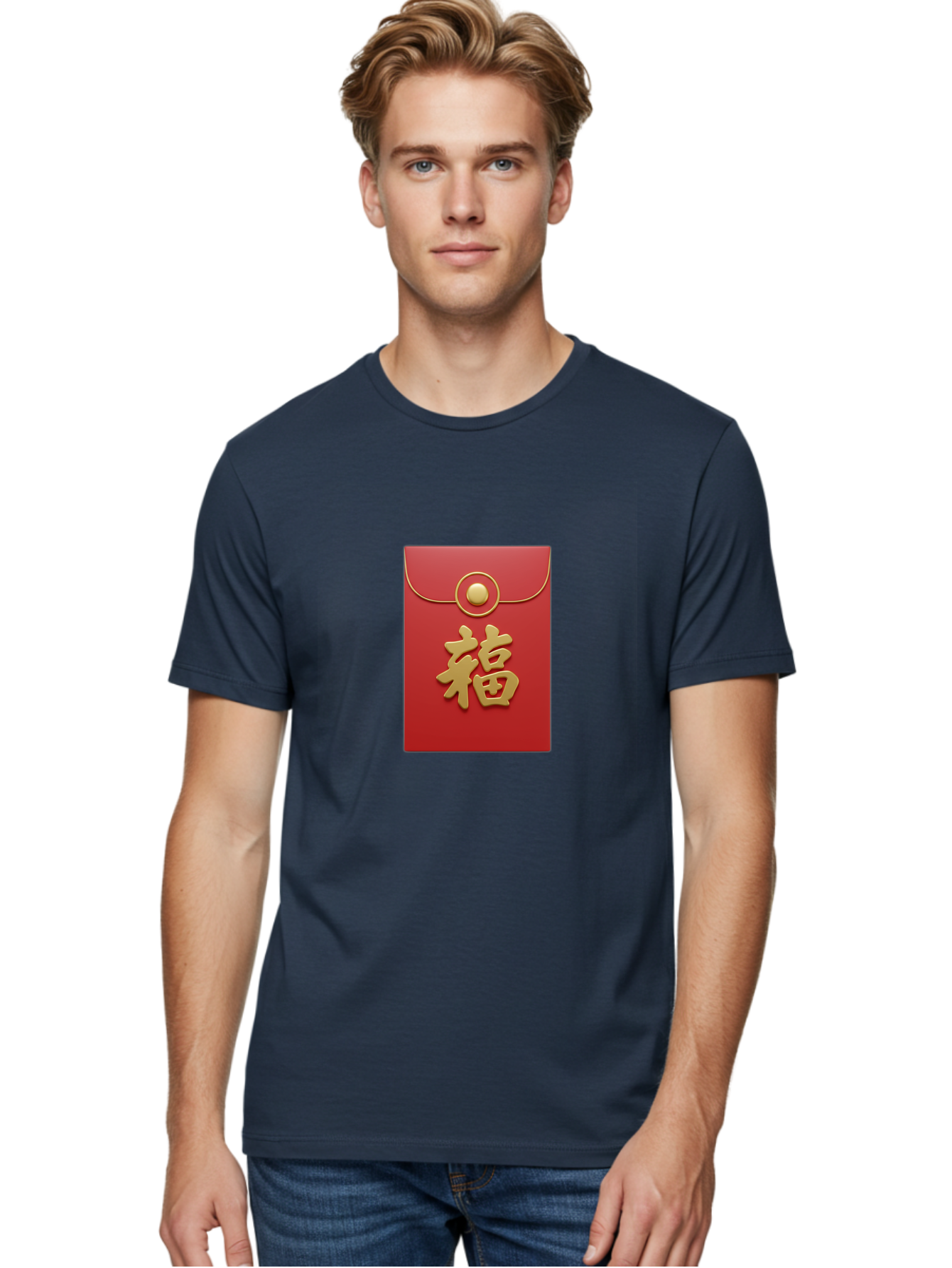 Fu Men'S Graphic Tee, 100% Cotton, Comfortable Casual Summer Wear, Machine Washable, Red Envelope With Gold Clasp, Chinese Character For Good Fortune, Fu Symbol, Gold Accents, Traditional Chinese Gift, Auspicious Symbol, Lucky Charm, Baa705