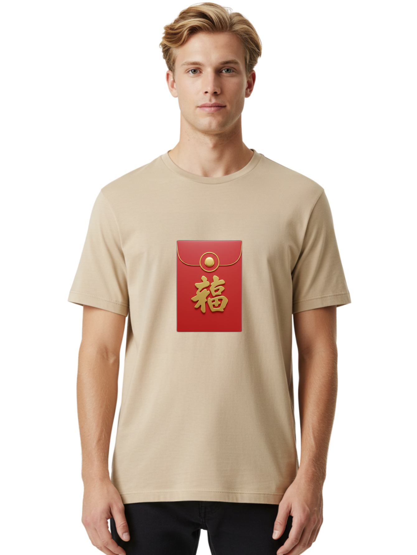 Fu Men'S Graphic Tee, 100% Cotton, Comfortable Casual Summer Wear, Machine Washable, Red Envelope With Gold Clasp, Chinese Character For Good Fortune, Fu Symbol, Gold Accents, Traditional Chinese Gift, Auspicious Symbol, Lucky Charm, Baa705