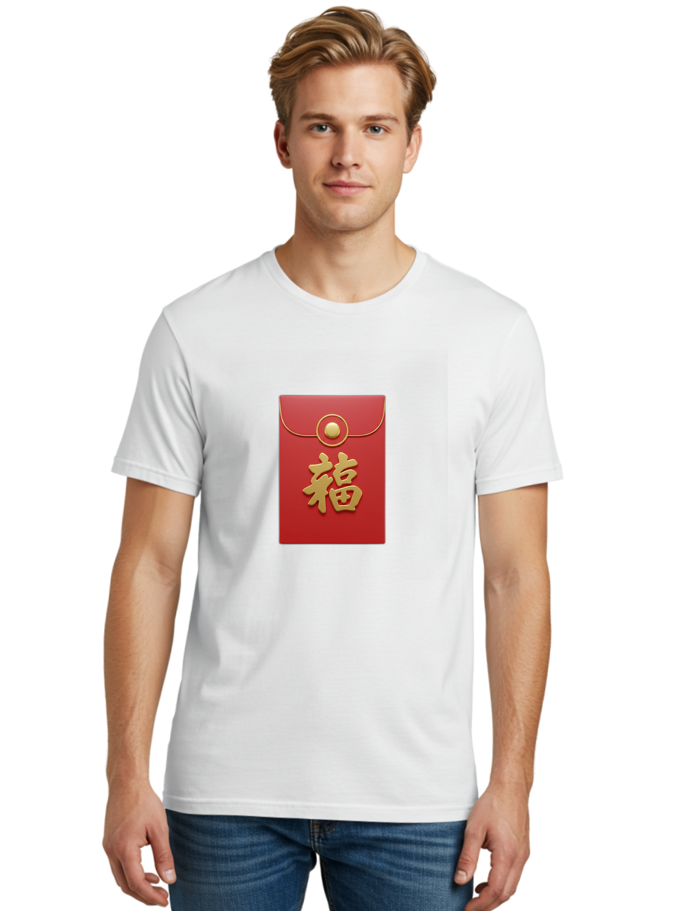 Fu Men'S Graphic Tee, 100% Cotton, Comfortable Casual Summer Wear, Machine Washable, Red Envelope With Gold Clasp, Chinese Character For Good Fortune, Fu Symbol, Gold Accents, Traditional Chinese Gift, Auspicious Symbol, Lucky Charm, Baa705