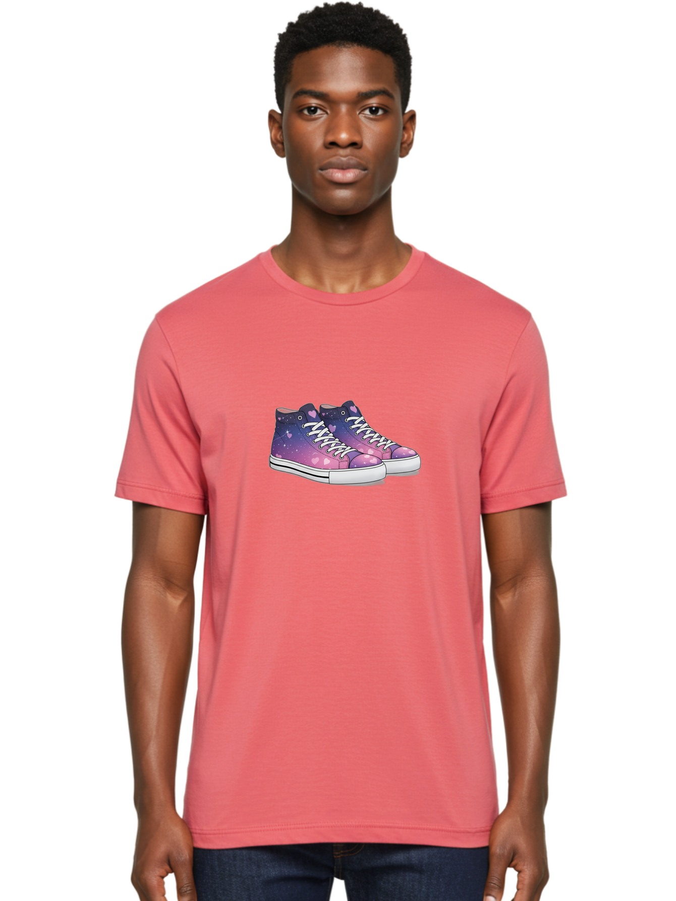 Galaxy-Sneakers Men'S Graphic Tee, 100% Cotton, Comfortable Casual Summer Wear, Machine Washable, Galaxy Print Sneakers, Purple And Pink Ombre, Heart Details, White Laces, Platform Shoes, Fashion Sneakers, Trendy Footwear, Cartoon Style, Baa707