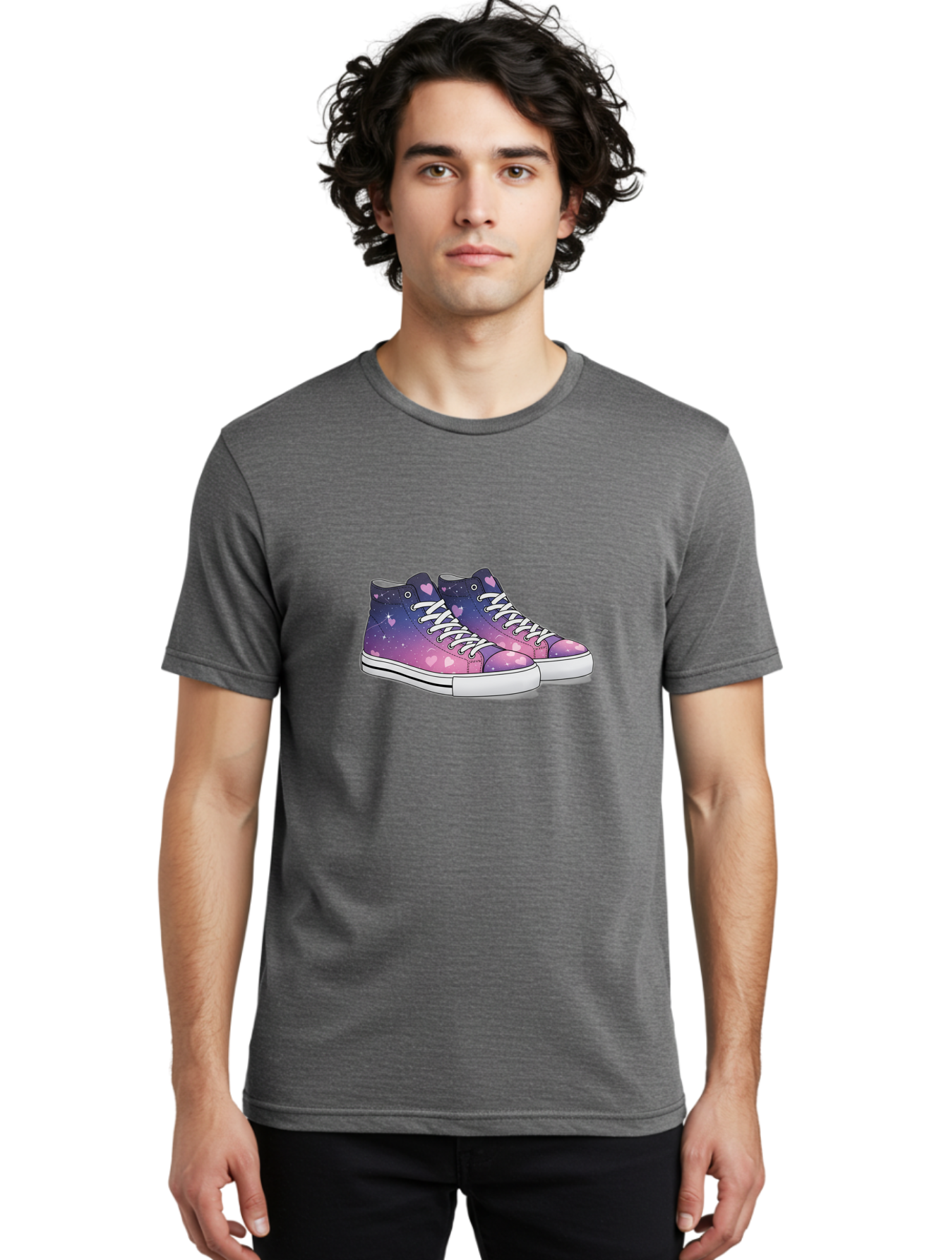 Galaxy-Sneakers Men'S Graphic Tee, 100% Cotton, Comfortable Casual Summer Wear, Machine Washable, Galaxy Print Sneakers, Purple And Pink Ombre, Heart Details, White Laces, Platform Shoes, Fashion Sneakers, Trendy Footwear, Cartoon Style, Baa707