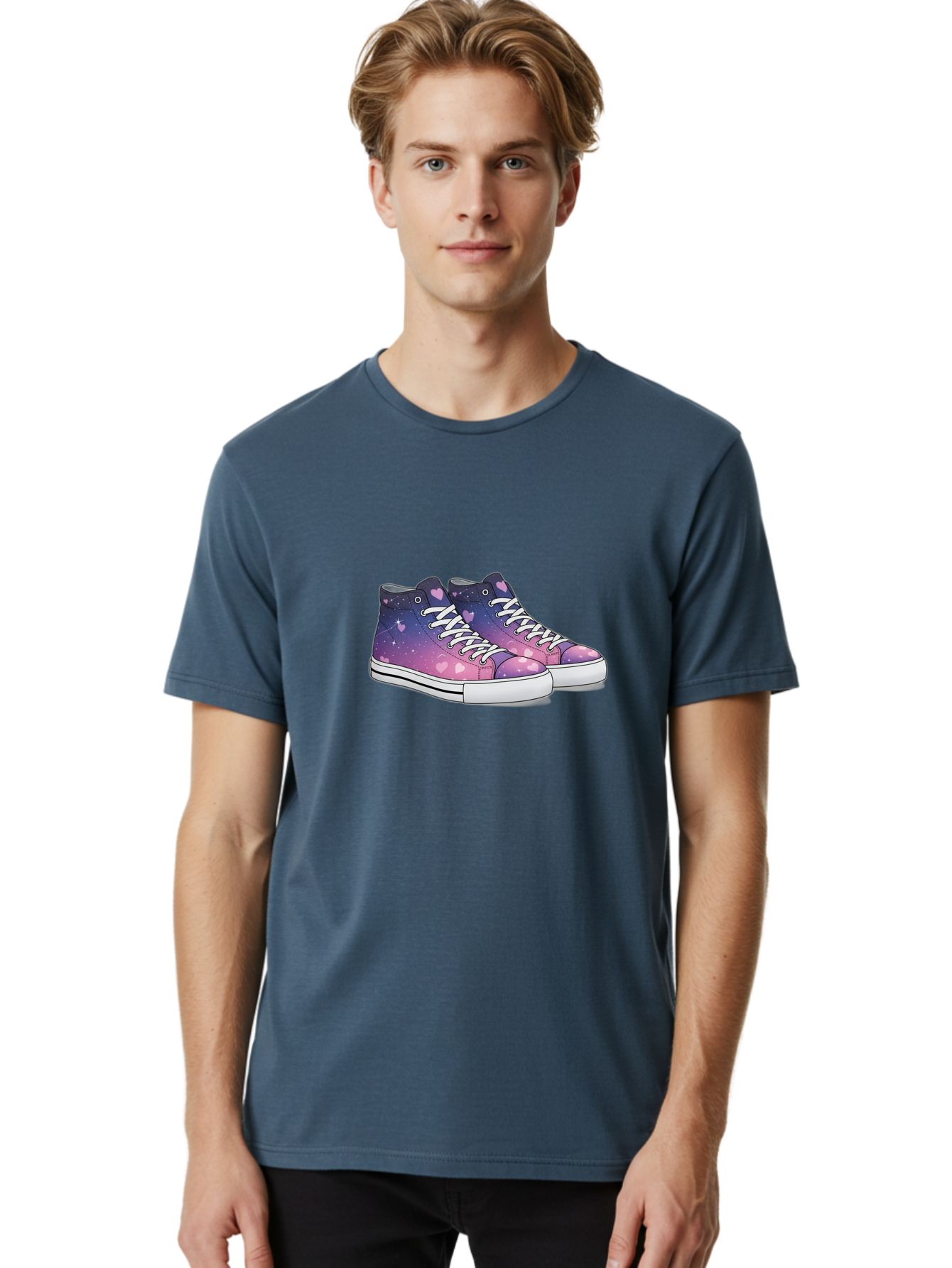 Galaxy-Sneakers Men'S Graphic Tee, 100% Cotton, Comfortable Casual Summer Wear, Machine Washable, Galaxy Print Sneakers, Purple And Pink Ombre, Heart Details, White Laces, Platform Shoes, Fashion Sneakers, Trendy Footwear, Cartoon Style, Baa707
