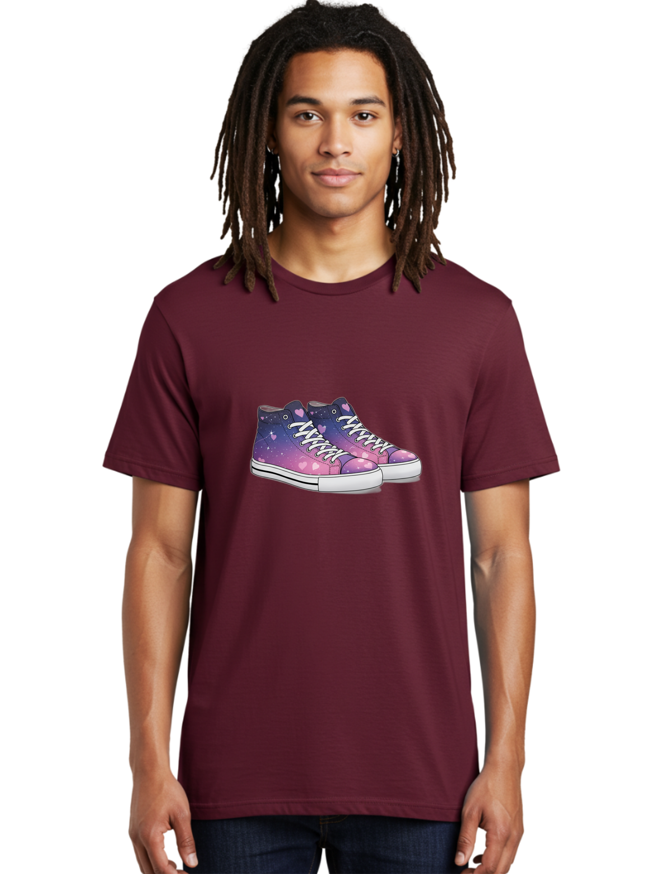 Galaxy-Sneakers Men'S Graphic Tee, 100% Cotton, Comfortable Casual Summer Wear, Machine Washable, Galaxy Print Sneakers, Purple And Pink Ombre, Heart Details, White Laces, Platform Shoes, Fashion Sneakers, Trendy Footwear, Cartoon Style, Baa707