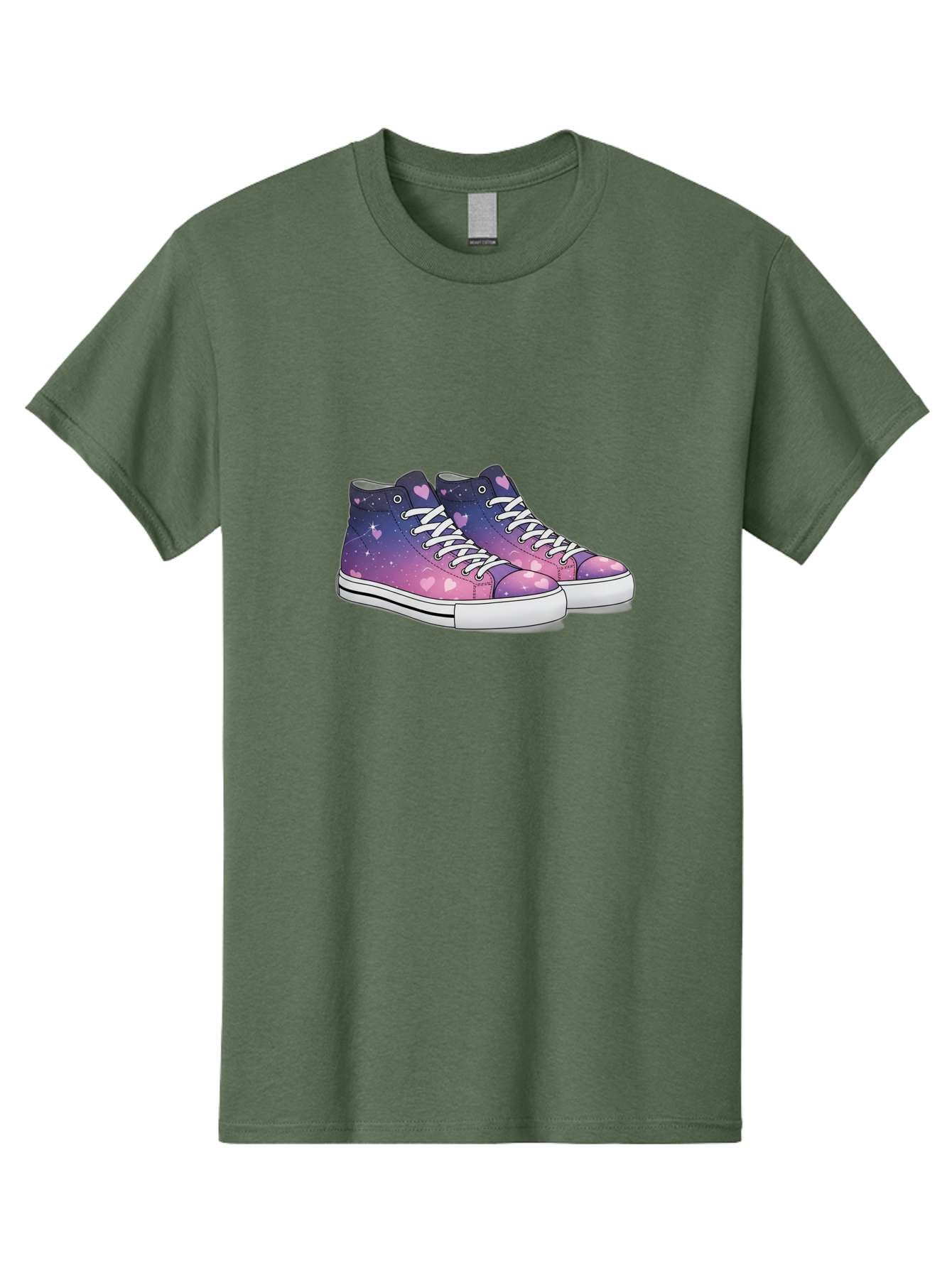 Galaxy-Sneakers Men'S Graphic Tee, 100% Cotton, Comfortable Casual Summer Wear, Machine Washable, Galaxy Print Sneakers, Purple And Pink Ombre, Heart Details, White Laces, Platform Shoes, Fashion Sneakers, Trendy Footwear, Cartoon Style, Baa707