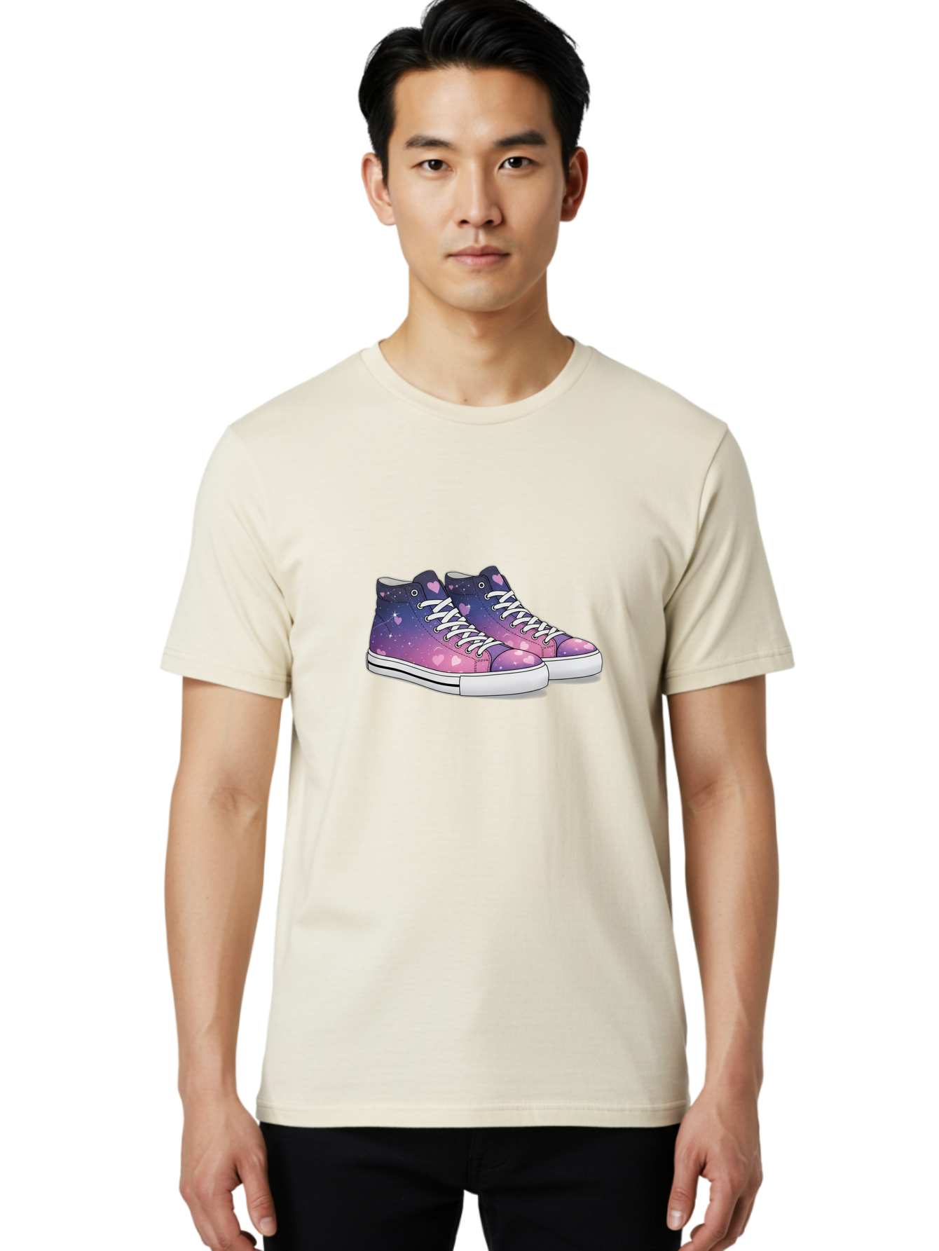 Galaxy-Sneakers Men'S Graphic Tee, 100% Cotton, Comfortable Casual Summer Wear, Machine Washable, Galaxy Print Sneakers, Purple And Pink Ombre, Heart Details, White Laces, Platform Shoes, Fashion Sneakers, Trendy Footwear, Cartoon Style, Baa707