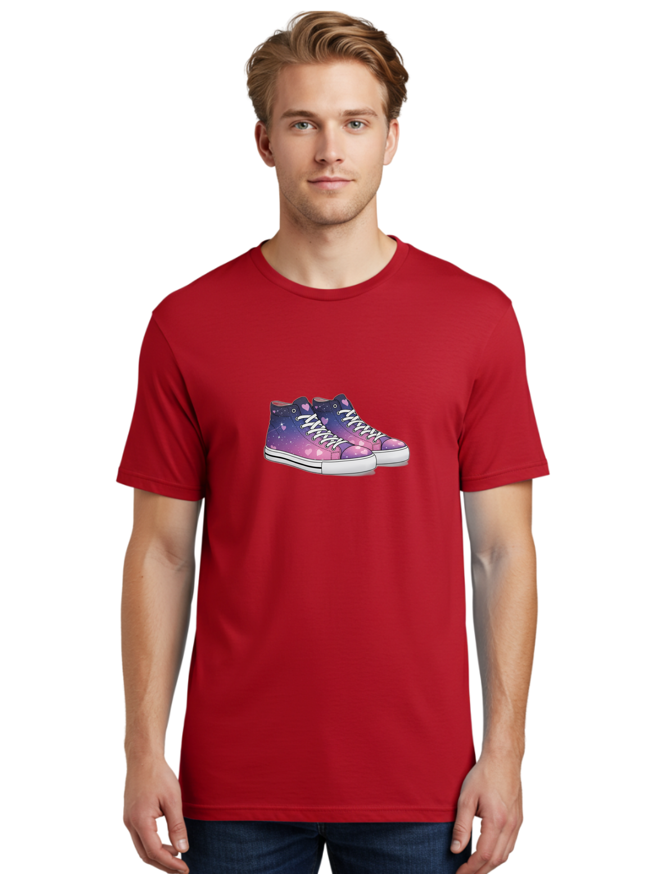 Galaxy-Sneakers Men'S Graphic Tee, 100% Cotton, Comfortable Casual Summer Wear, Machine Washable, Galaxy Print Sneakers, Purple And Pink Ombre, Heart Details, White Laces, Platform Shoes, Fashion Sneakers, Trendy Footwear, Cartoon Style, Baa707