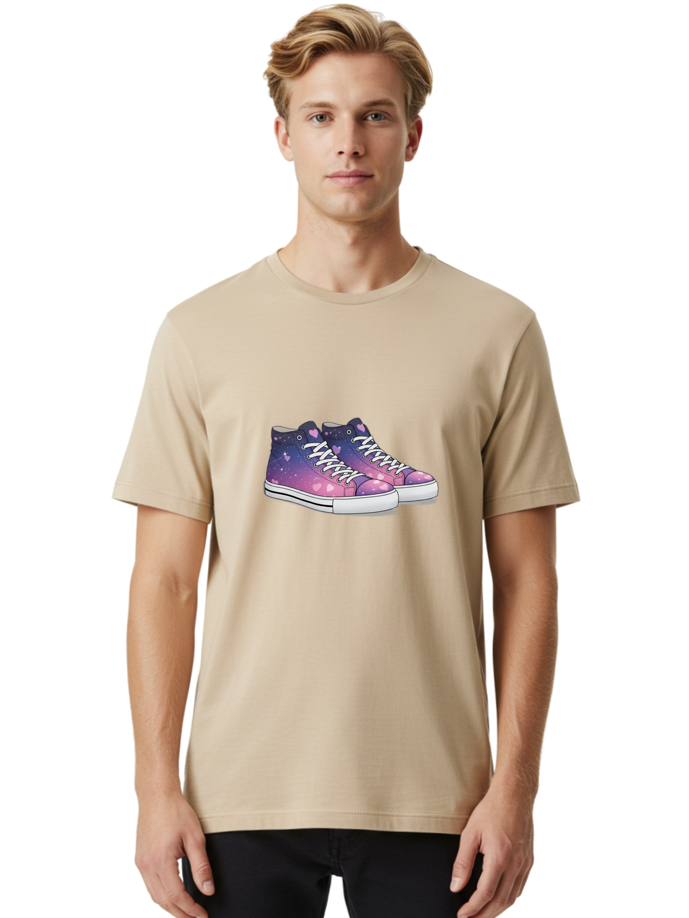 Galaxy-Sneakers Men'S Graphic Tee, 100% Cotton, Comfortable Casual Summer Wear, Machine Washable, Galaxy Print Sneakers, Purple And Pink Ombre, Heart Details, White Laces, Platform Shoes, Fashion Sneakers, Trendy Footwear, Cartoon Style, Baa707