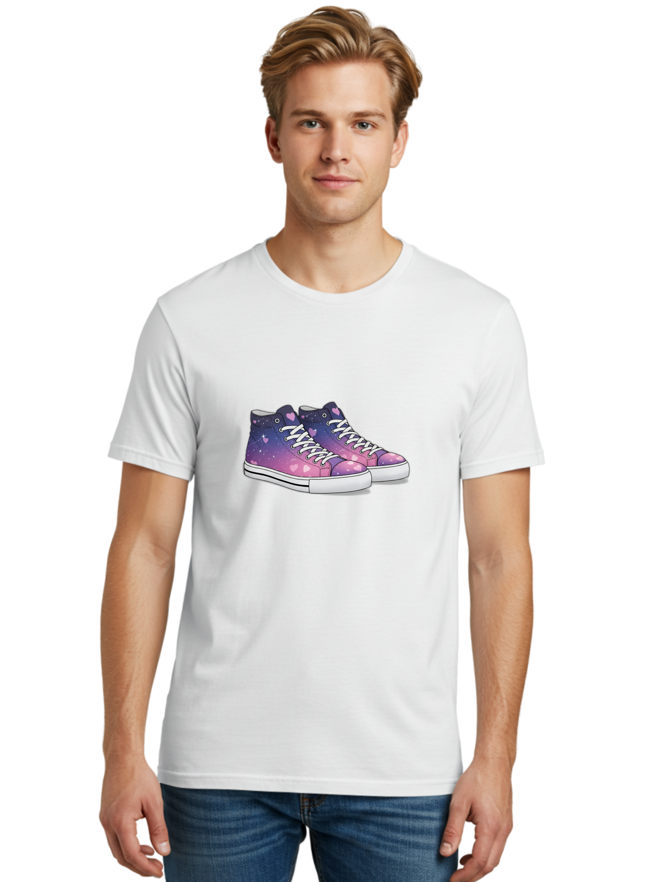 Galaxy-Sneakers Men'S Graphic Tee, 100% Cotton, Comfortable Casual Summer Wear, Machine Washable, Galaxy Print Sneakers, Purple And Pink Ombre, Heart Details, White Laces, Platform Shoes, Fashion Sneakers, Trendy Footwear, Cartoon Style, Baa707