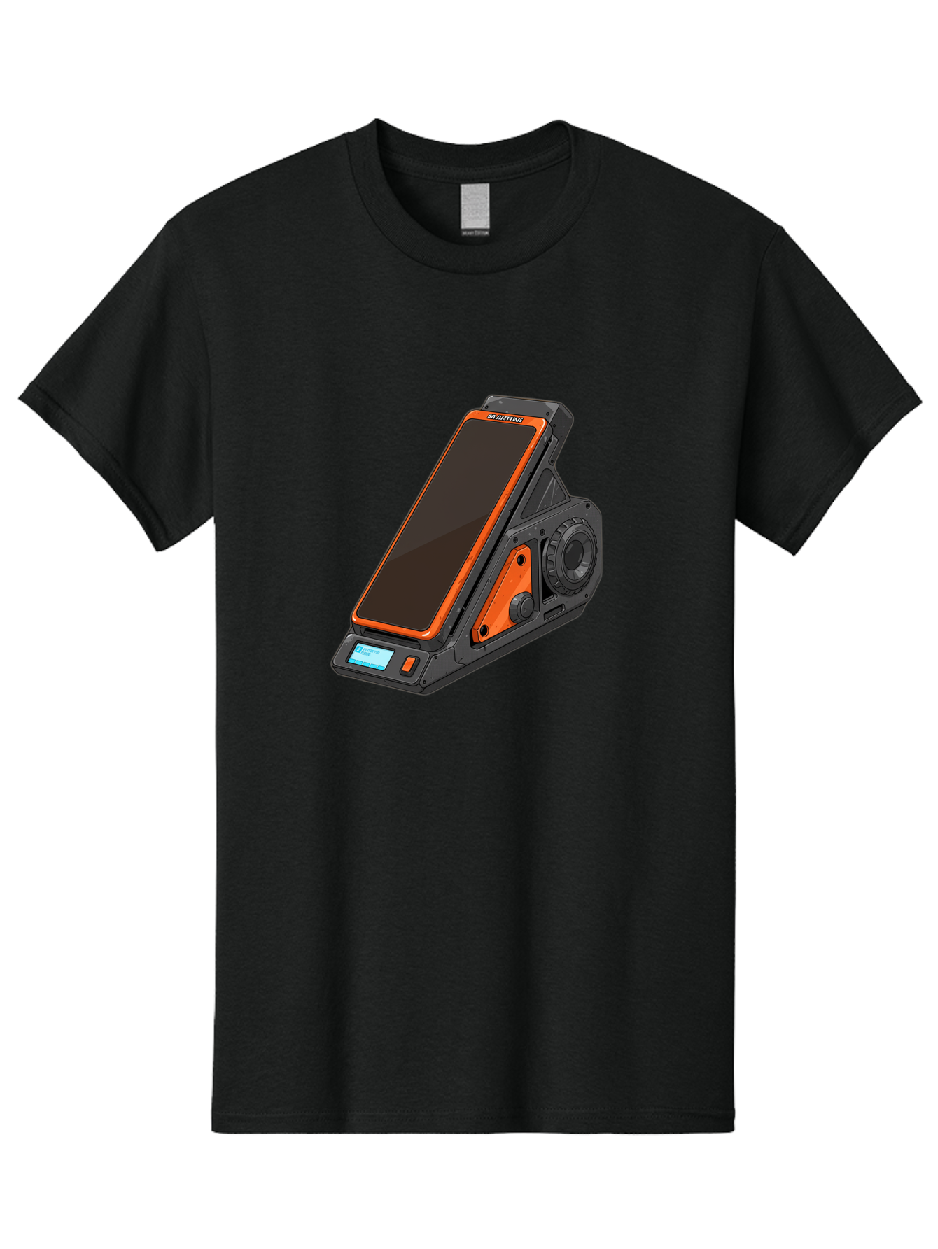 Gaming-Phone-Holder Men'S Graphic Tee, 100% Cotton, Comfortable Casual Summer Wear, Machine Washable, Smartphone With Gaming Features, Orange Accents, Black Design, Futuristic Technology, Gaming Phone, High-Performance Device, Baa708