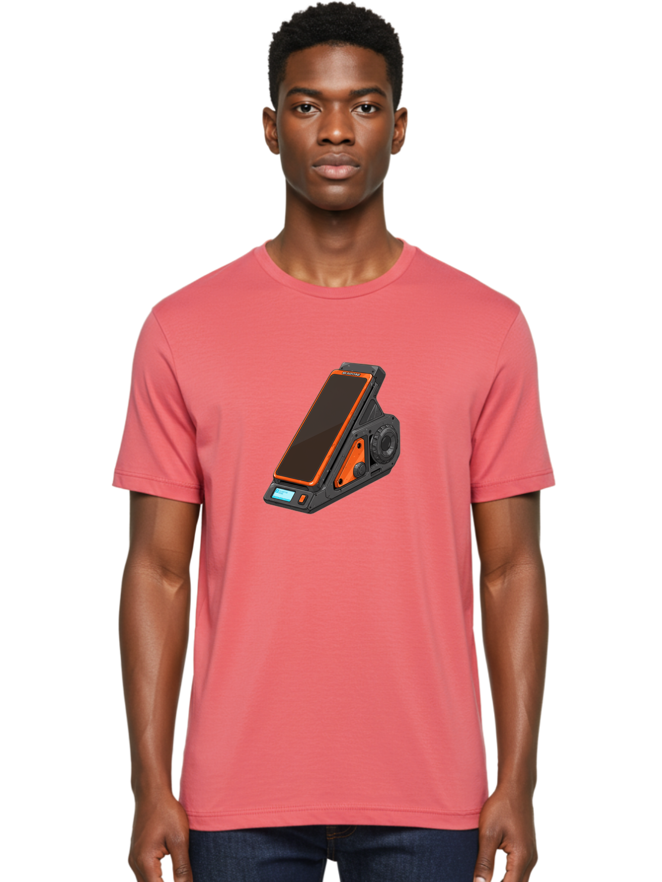 Gaming-Phone-Holder Men'S Graphic Tee, 100% Cotton, Comfortable Casual Summer Wear, Machine Washable, Smartphone With Gaming Features, Orange Accents, Black Design, Futuristic Technology, Gaming Phone, High-Performance Device, Baa708