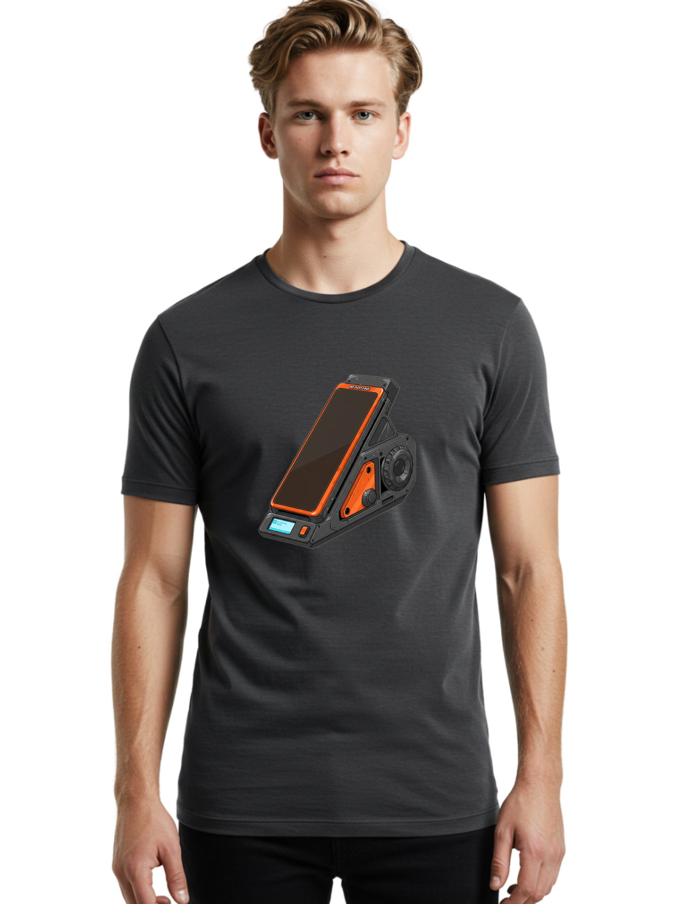 Gaming-Phone-Holder Men'S Graphic Tee, 100% Cotton, Comfortable Casual Summer Wear, Machine Washable, Smartphone With Gaming Features, Orange Accents, Black Design, Futuristic Technology, Gaming Phone, High-Performance Device, Baa708