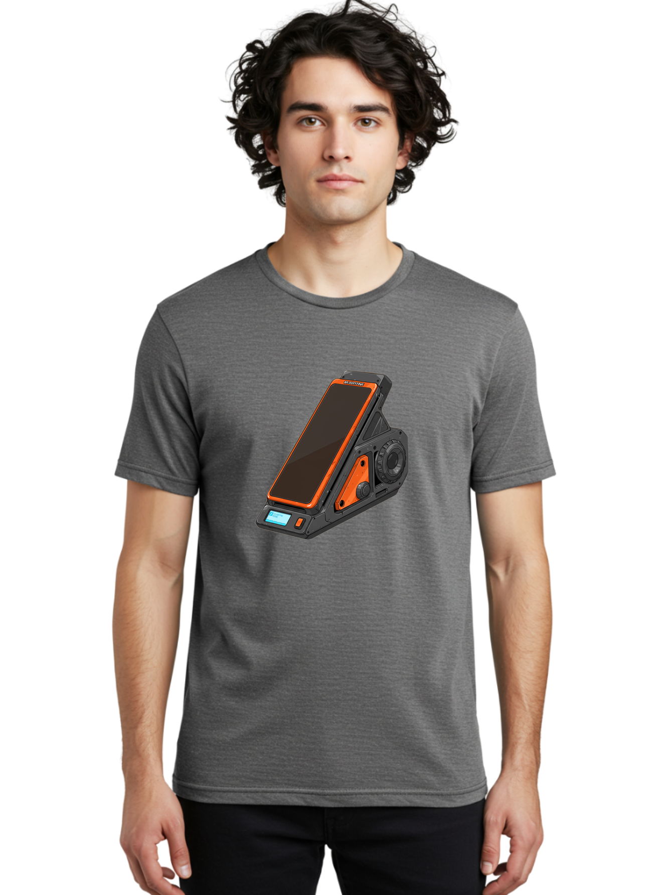 Gaming-Phone-Holder Men'S Graphic Tee, 100% Cotton, Comfortable Casual Summer Wear, Machine Washable, Smartphone With Gaming Features, Orange Accents, Black Design, Futuristic Technology, Gaming Phone, High-Performance Device, Baa708