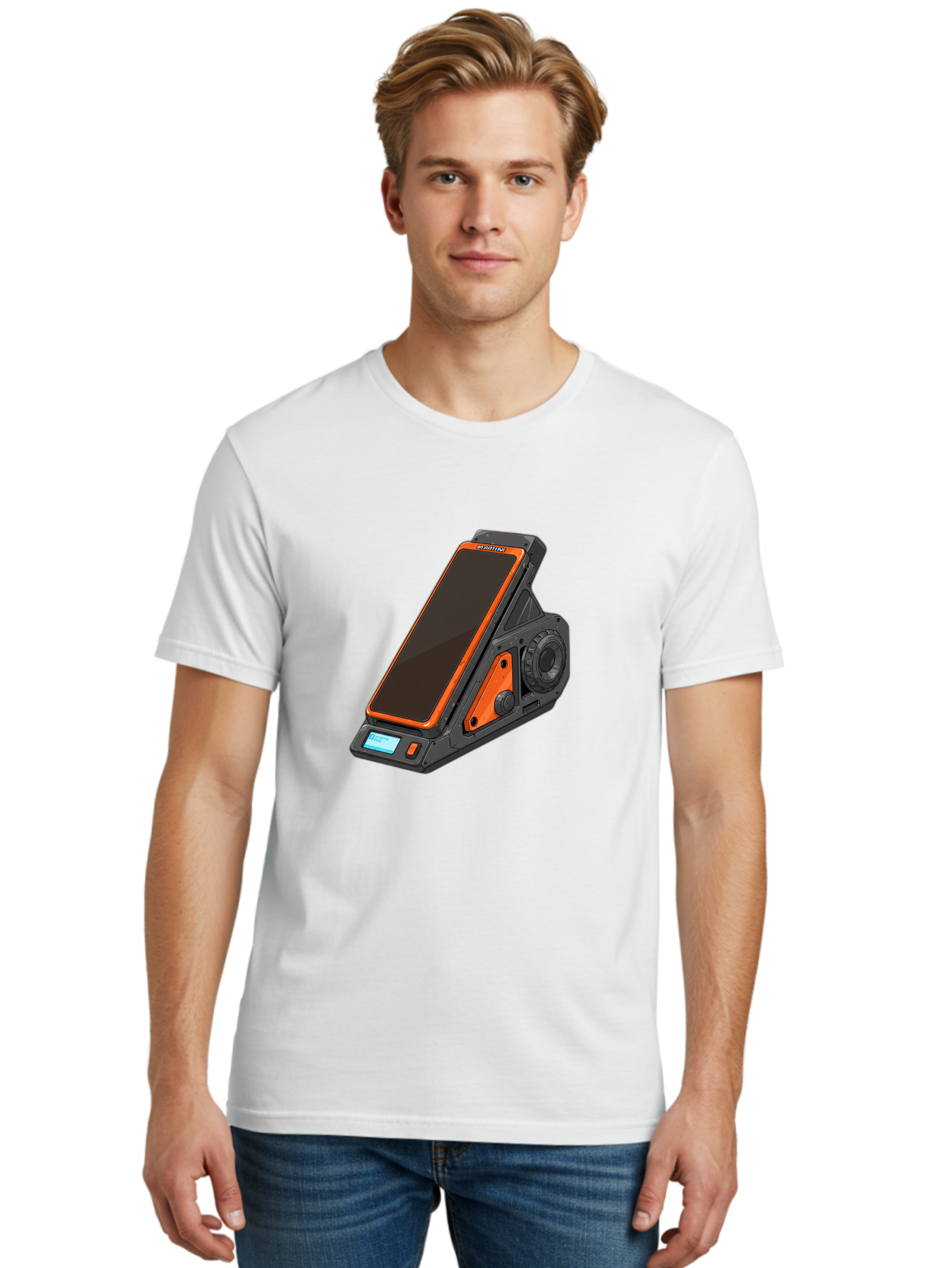 Gaming-Phone-Holder Men'S Graphic Tee, 100% Cotton, Comfortable Casual Summer Wear, Machine Washable, Smartphone With Gaming Features, Orange Accents, Black Design, Futuristic Technology, Gaming Phone, High-Performance Device, Baa708