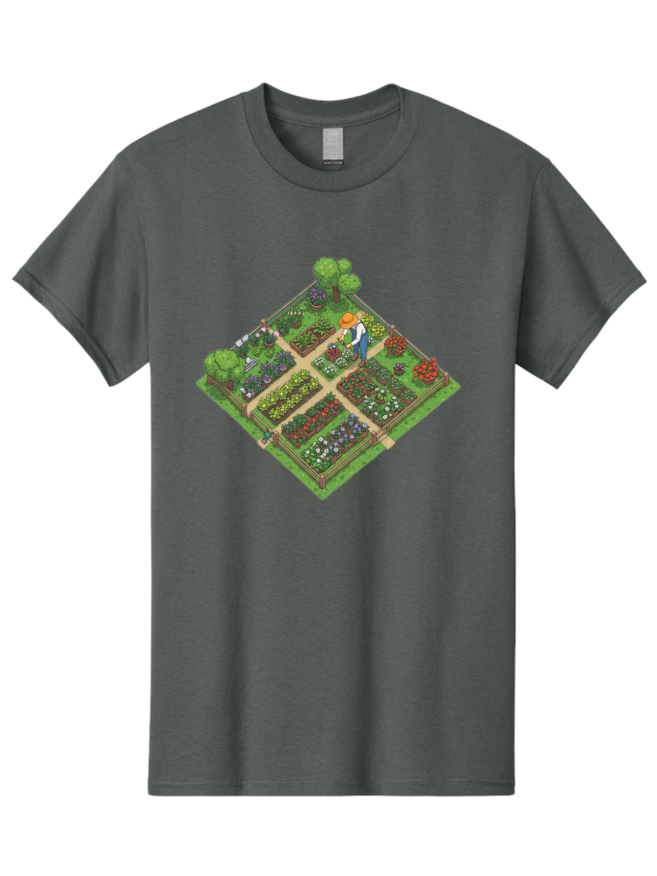 Garden-Scene Men'S Graphic Tee, 100% Cotton, Comfortable Casual Summer Wear, Machine Washable, Gardening Scene, Garden Landscape, Flower Beds, Vibrant Flowers, Gardener At Work, Wooden Fence, Lush Greenery, Serene Atmosphere, Isometric View, Baa710
