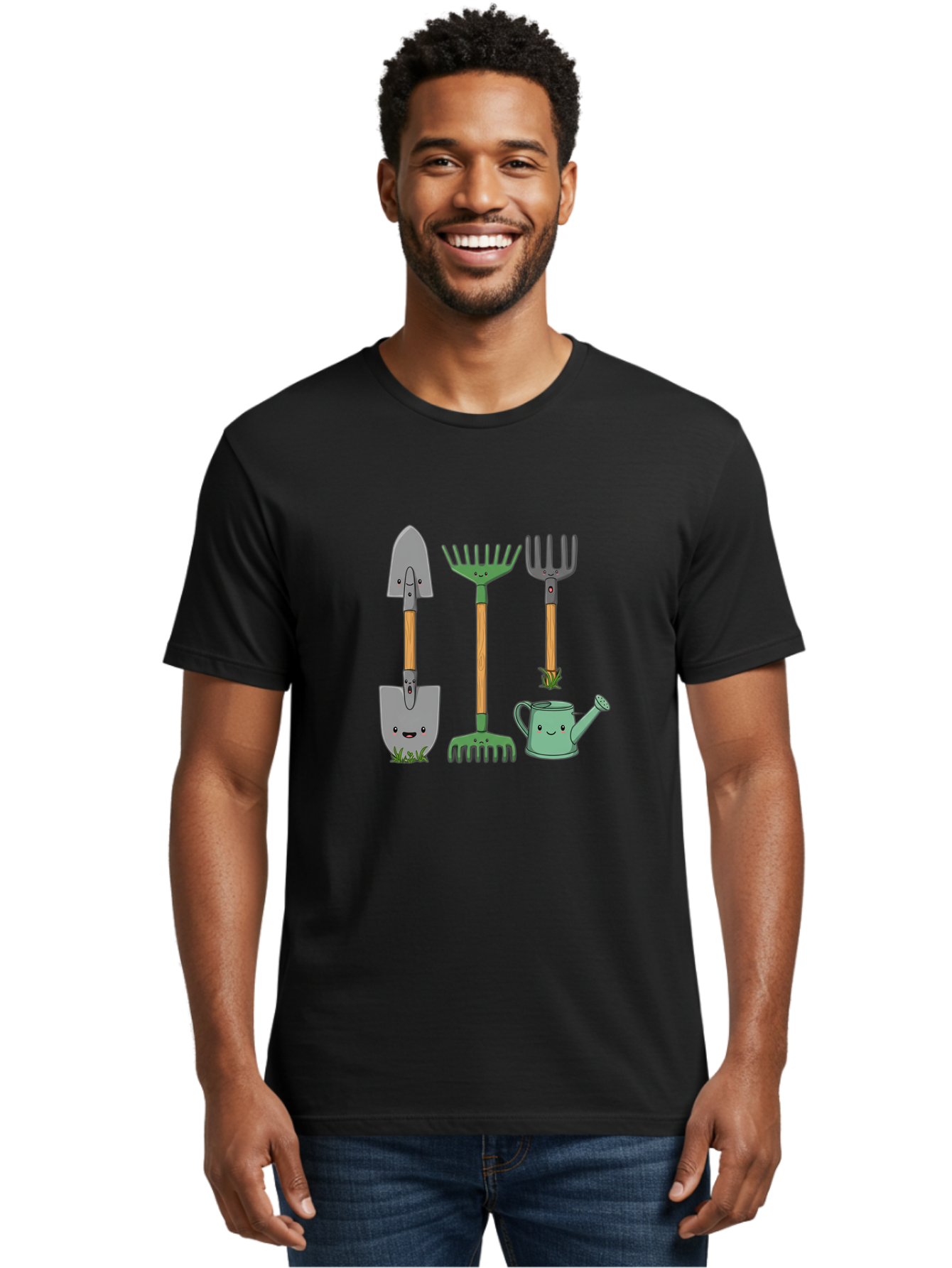 Garden-Tools Men'S Graphic Tee, 100% Cotton, Comfortable Casual Summer Wear, Machine Washable, Cartoon Gardening Tools, Shovel, Rake, Pitchfork, Watering Can, Gardening Supplies, Anthropomorphic Objects, Cartoon Characters, Garden Accessories, Baa711
