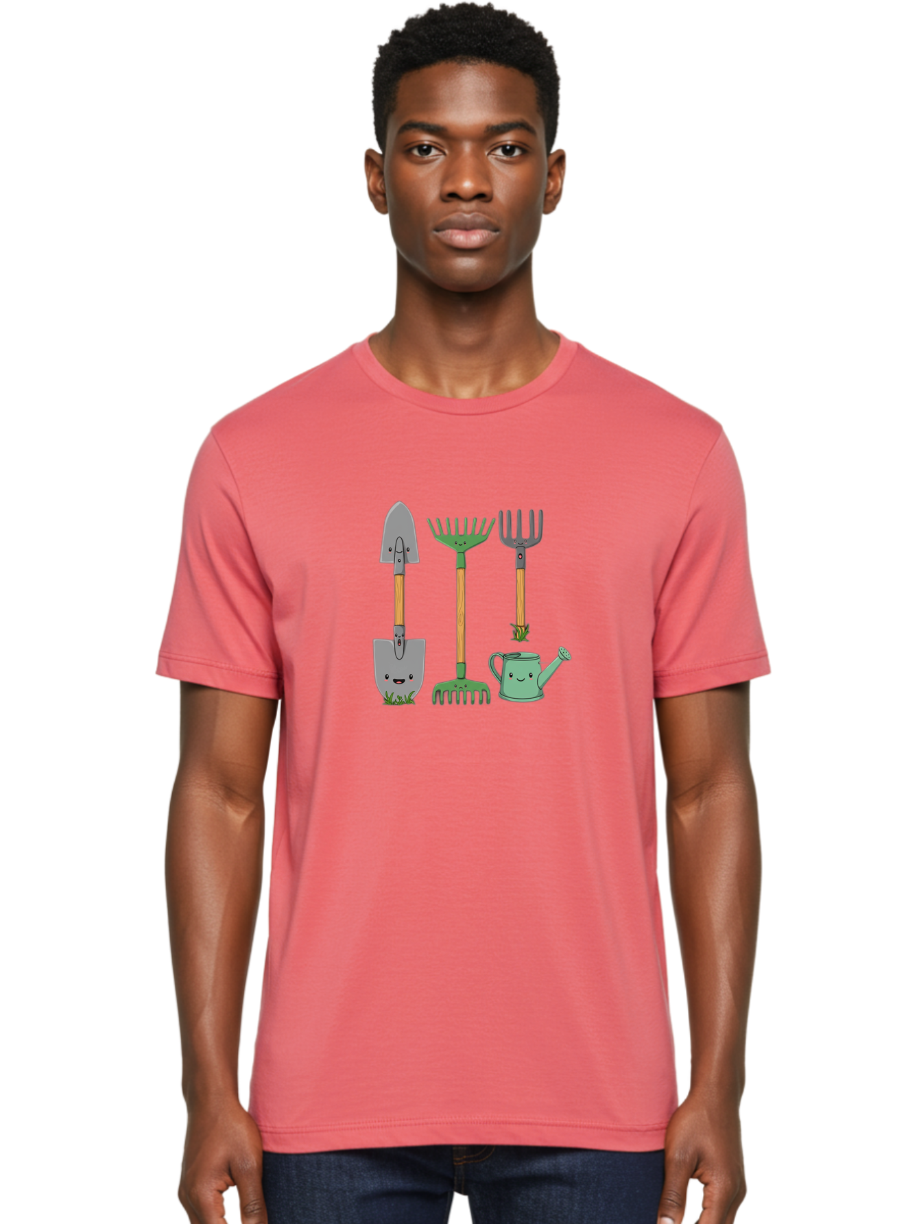 Garden-Tools Men'S Graphic Tee, 100% Cotton, Comfortable Casual Summer Wear, Machine Washable, Cartoon Gardening Tools, Shovel, Rake, Pitchfork, Watering Can, Gardening Supplies, Anthropomorphic Objects, Cartoon Characters, Garden Accessories, Baa711