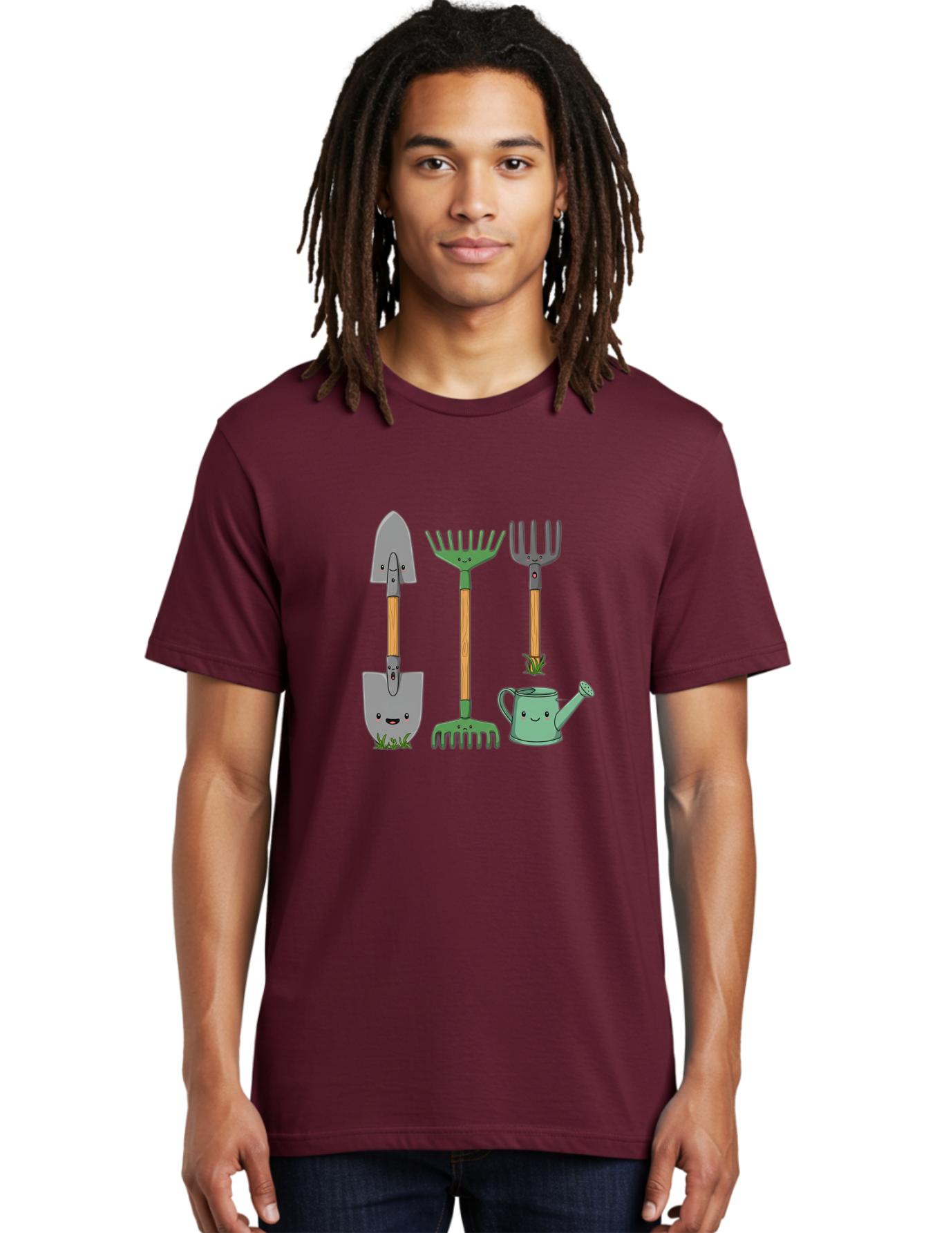 Garden-Tools Men'S Graphic Tee, 100% Cotton, Comfortable Casual Summer Wear, Machine Washable, Cartoon Gardening Tools, Shovel, Rake, Pitchfork, Watering Can, Gardening Supplies, Anthropomorphic Objects, Cartoon Characters, Garden Accessories, Baa711