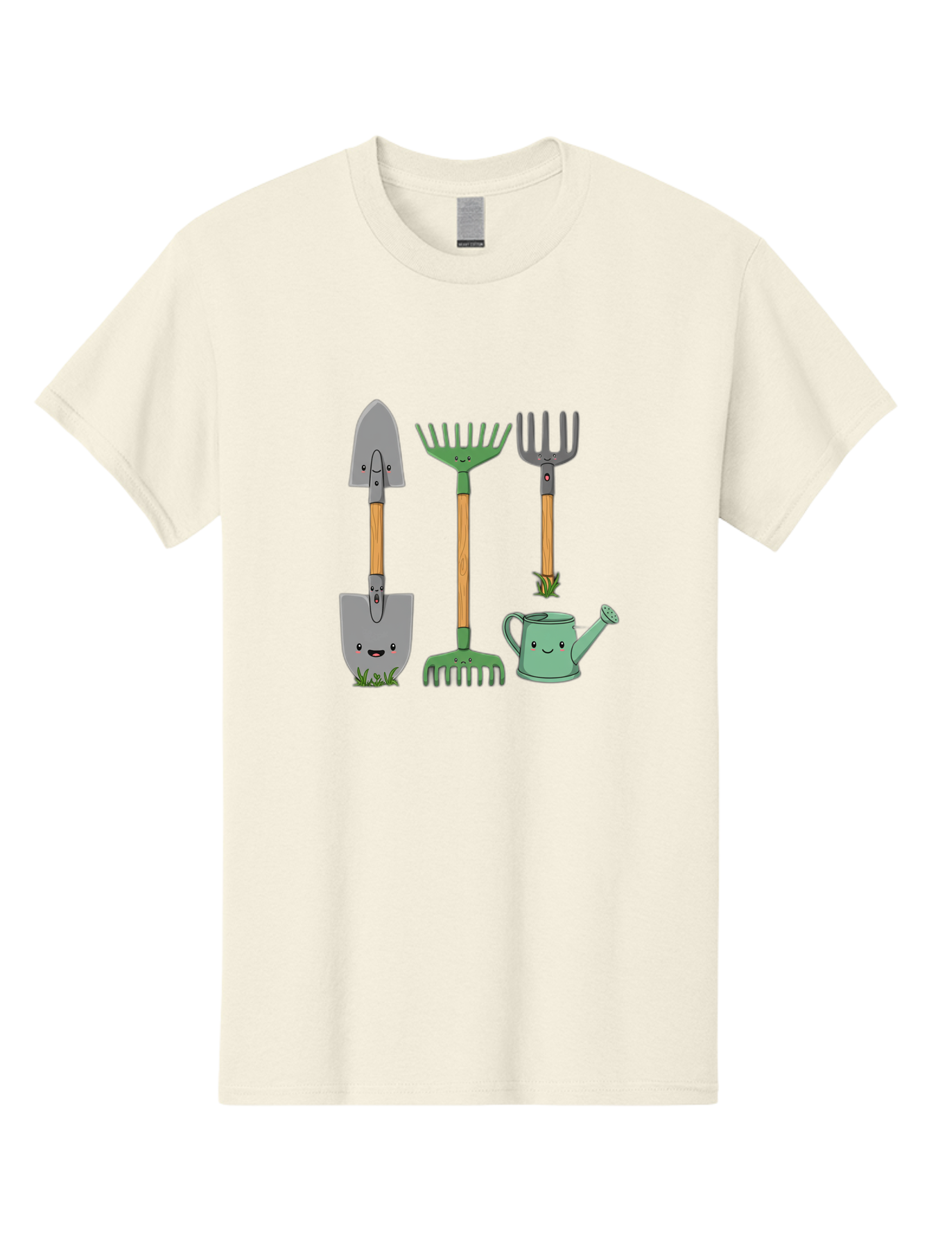 Garden-Tools Men'S Graphic Tee, 100% Cotton, Comfortable Casual Summer Wear, Machine Washable, Cartoon Gardening Tools, Shovel, Rake, Pitchfork, Watering Can, Gardening Supplies, Anthropomorphic Objects, Cartoon Characters, Garden Accessories, Baa711