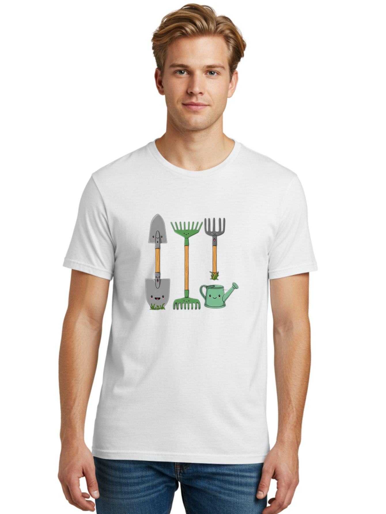 Garden-Tools Men'S Graphic Tee, 100% Cotton, Comfortable Casual Summer Wear, Machine Washable, Cartoon Gardening Tools, Shovel, Rake, Pitchfork, Watering Can, Gardening Supplies, Anthropomorphic Objects, Cartoon Characters, Garden Accessories, Baa711