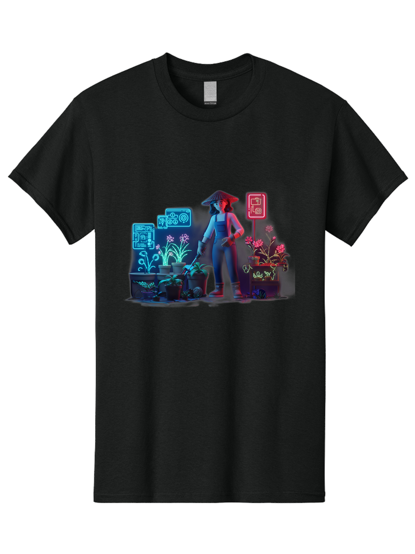 Gardener-1 Men'S Graphic Tee, 100% Cotton, Comfortable Casual Summer Wear, Machine Washable, Woman With Gardening Tool, Potted Plants, Futuristic Neon Signs, Smart Gardening, Innovative Agriculture, Digital Farming, Modern Farmer Baa712