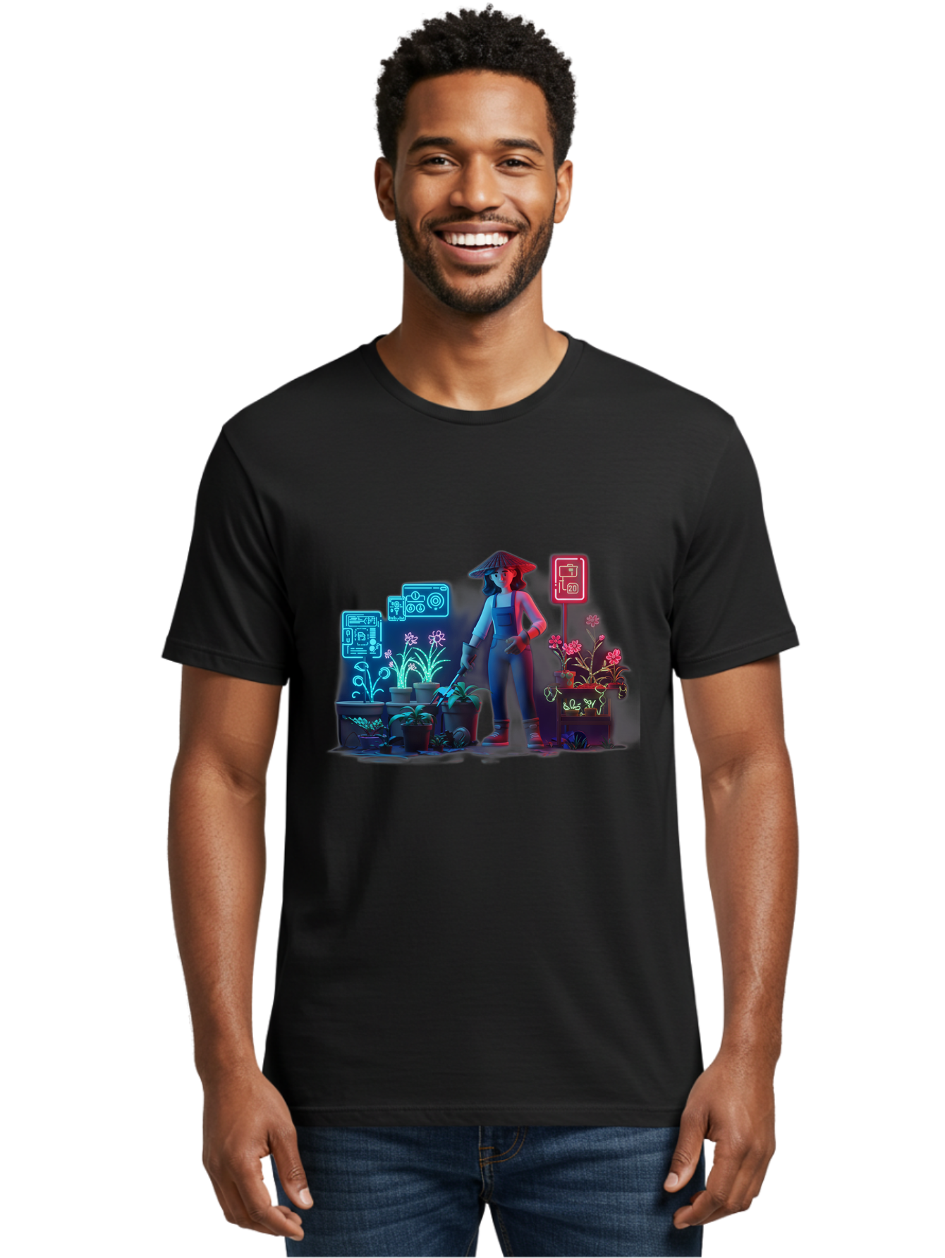 Gardener-1 Men'S Graphic Tee, 100% Cotton, Comfortable Casual Summer Wear, Machine Washable, Woman With Gardening Tool, Potted Plants, Futuristic Neon Signs, Smart Gardening, Innovative Agriculture, Digital Farming, Modern Farmer Baa712