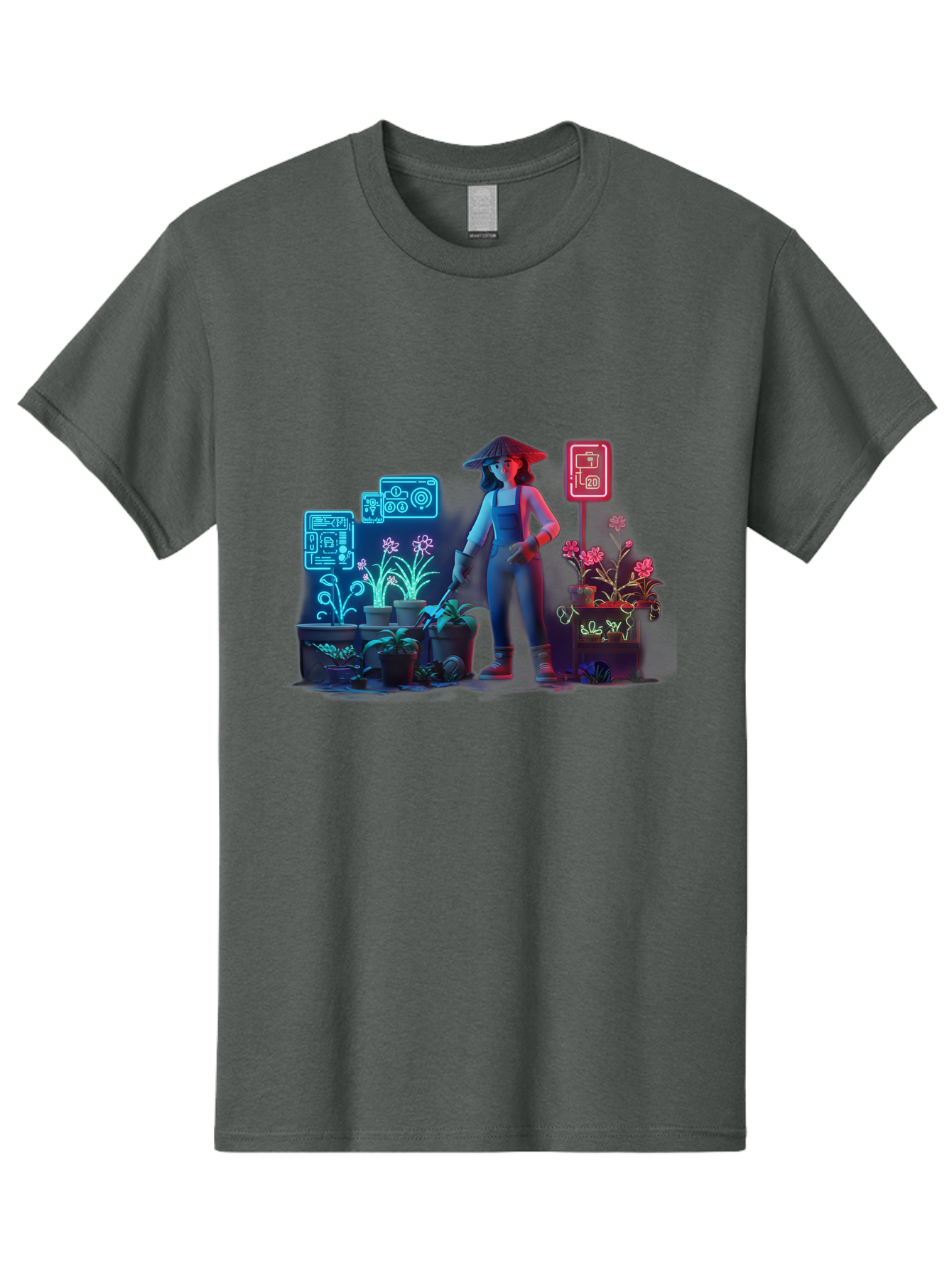 Gardener-1 Men'S Graphic Tee, 100% Cotton, Comfortable Casual Summer Wear, Machine Washable, Woman With Gardening Tool, Potted Plants, Futuristic Neon Signs, Smart Gardening, Innovative Agriculture, Digital Farming, Modern Farmer Baa712