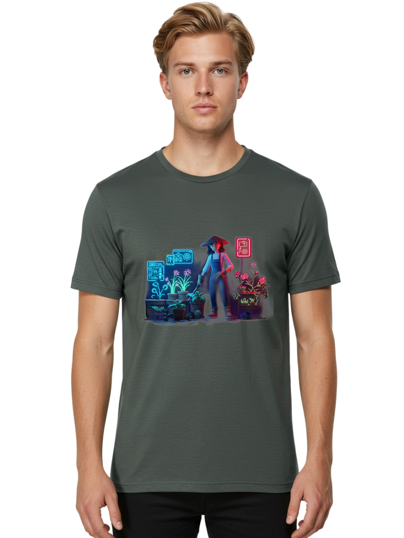 Gardener-1 Men'S Graphic Tee, 100% Cotton, Comfortable Casual Summer Wear, Machine Washable, Woman With Gardening Tool, Potted Plants, Futuristic Neon Signs, Smart Gardening, Innovative Agriculture, Digital Farming, Modern Farmer Baa712