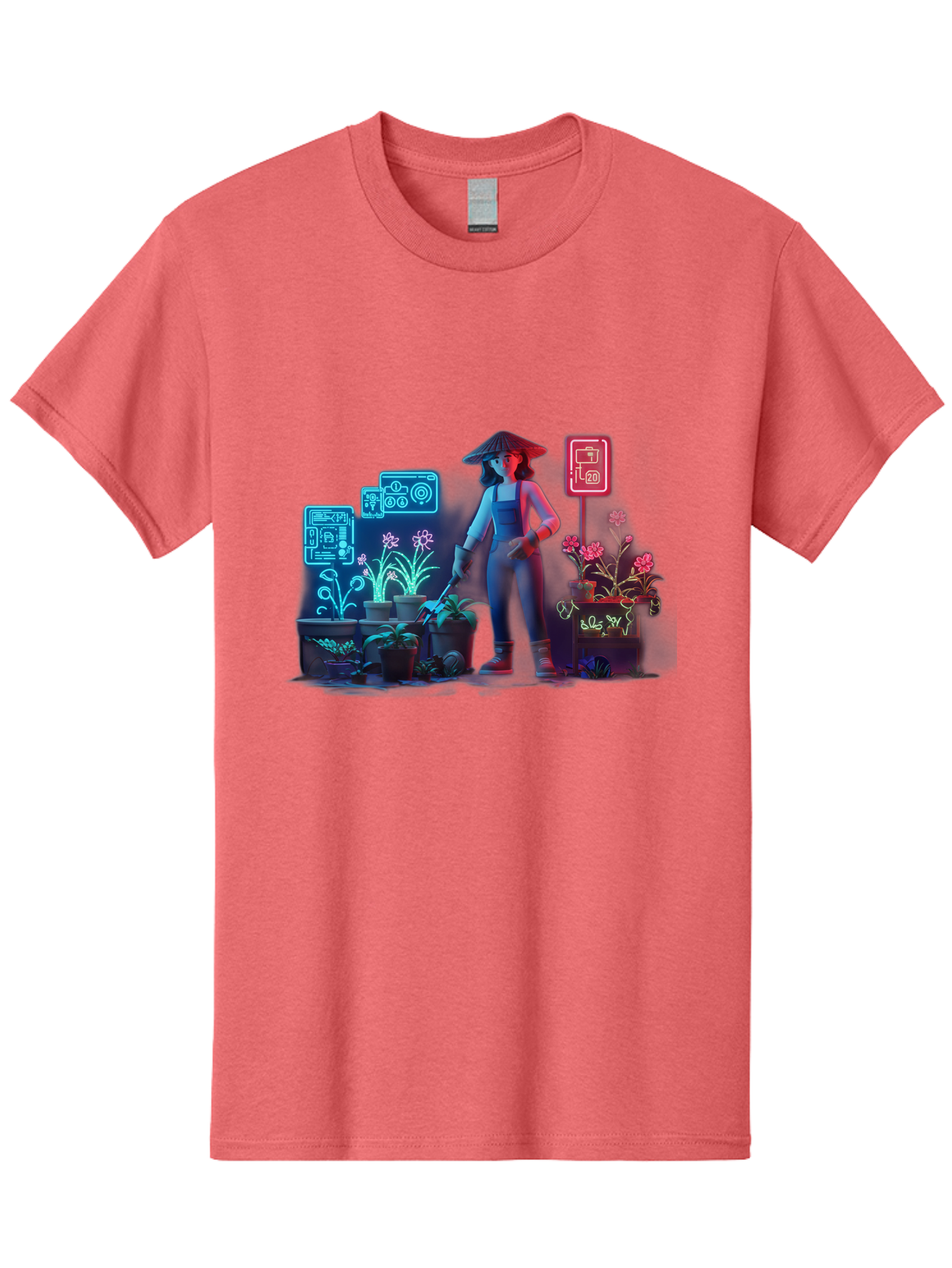 Gardener-1 Men'S Graphic Tee, 100% Cotton, Comfortable Casual Summer Wear, Machine Washable, Woman With Gardening Tool, Potted Plants, Futuristic Neon Signs, Smart Gardening, Innovative Agriculture, Digital Farming, Modern Farmer Baa712