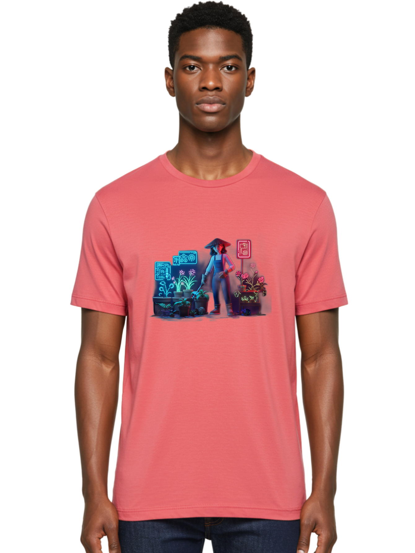 Gardener-1 Men'S Graphic Tee, 100% Cotton, Comfortable Casual Summer Wear, Machine Washable, Woman With Gardening Tool, Potted Plants, Futuristic Neon Signs, Smart Gardening, Innovative Agriculture, Digital Farming, Modern Farmer Baa712