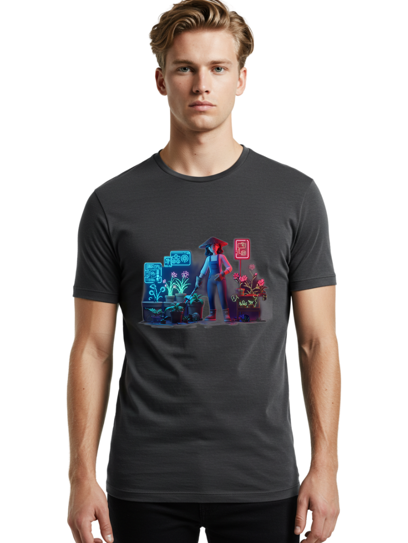 Gardener-1 Men'S Graphic Tee, 100% Cotton, Comfortable Casual Summer Wear, Machine Washable, Woman With Gardening Tool, Potted Plants, Futuristic Neon Signs, Smart Gardening, Innovative Agriculture, Digital Farming, Modern Farmer Baa712