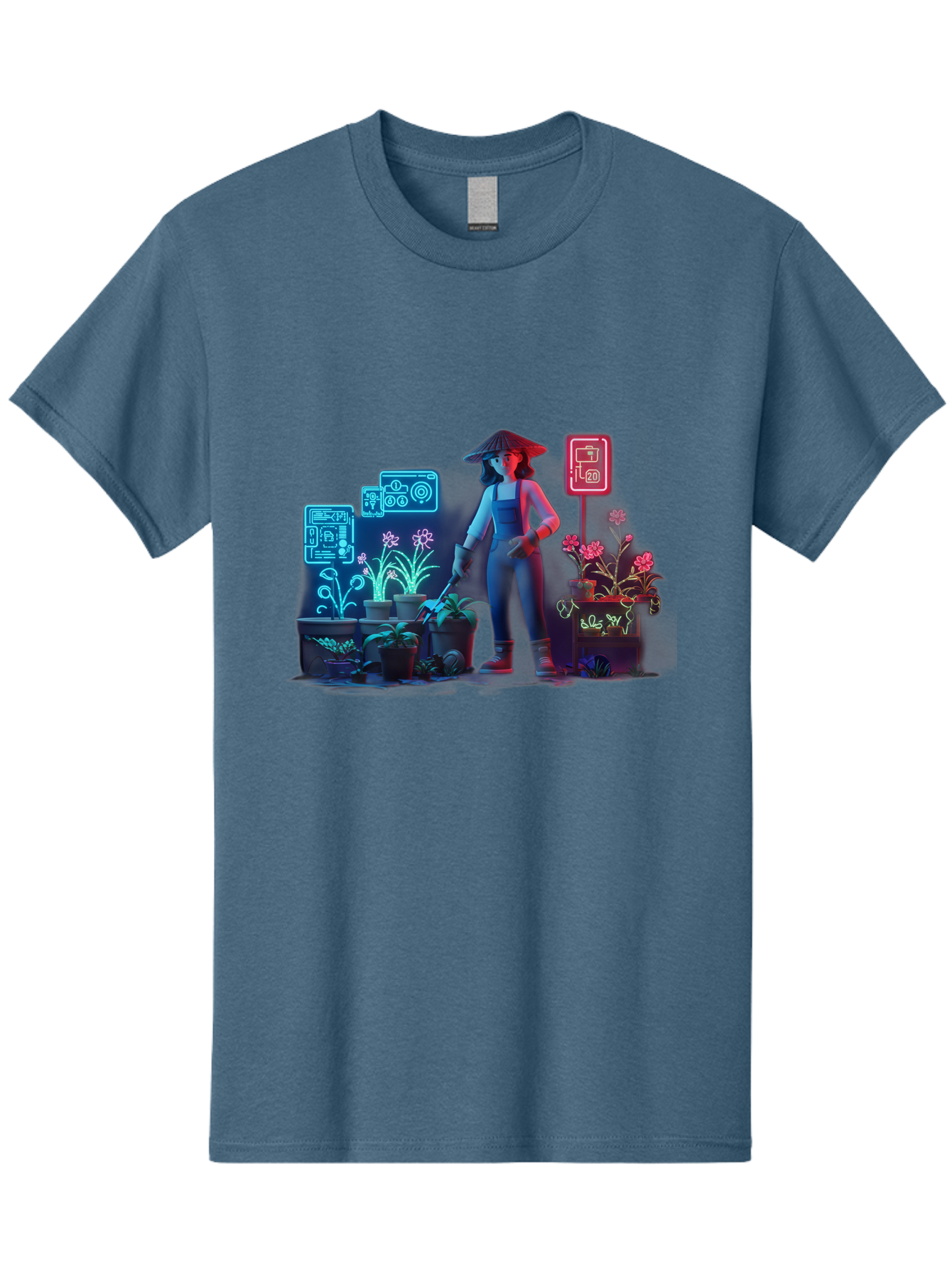 Gardener-1 Men'S Graphic Tee, 100% Cotton, Comfortable Casual Summer Wear, Machine Washable, Woman With Gardening Tool, Potted Plants, Futuristic Neon Signs, Smart Gardening, Innovative Agriculture, Digital Farming, Modern Farmer Baa712
