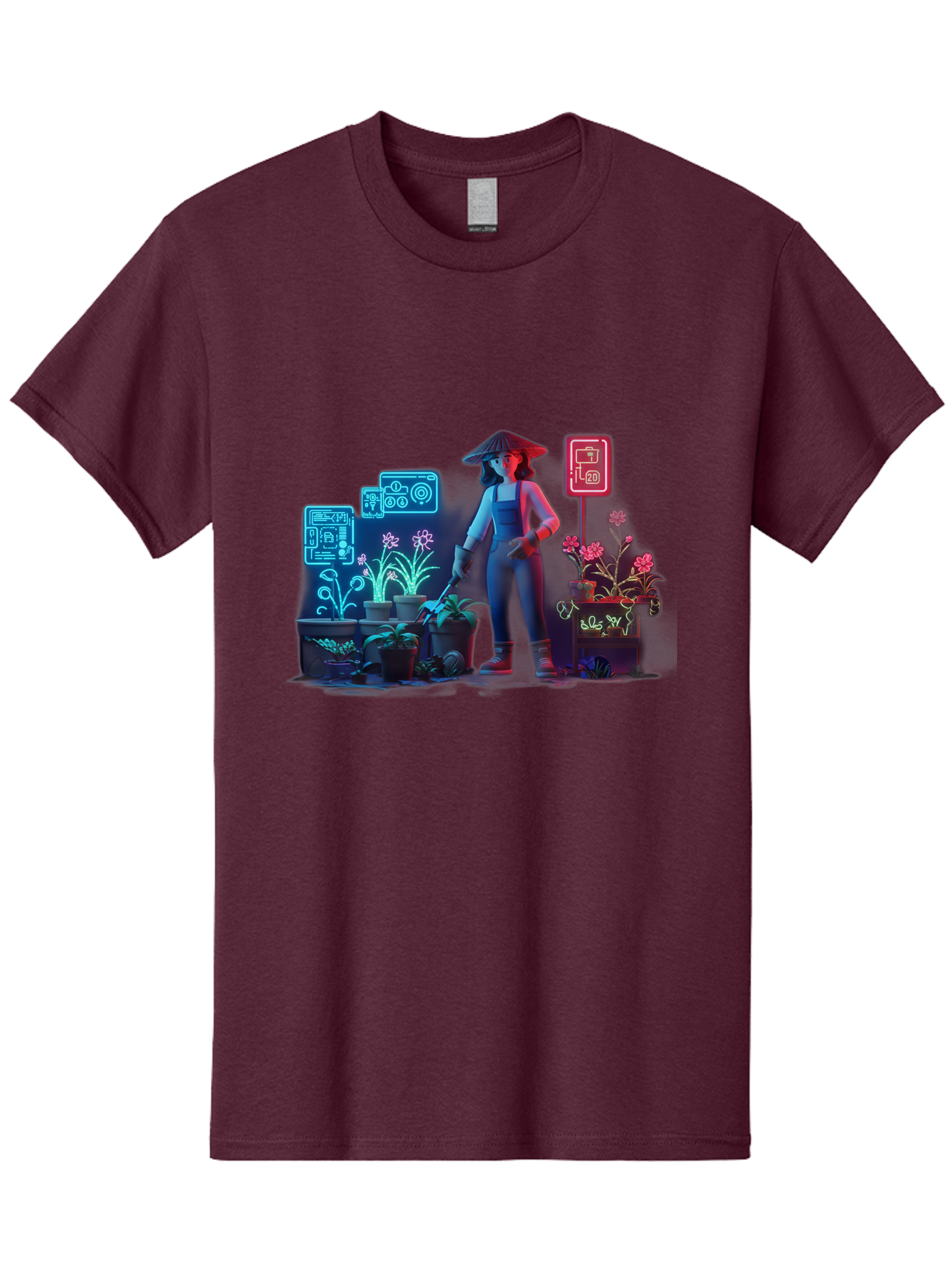 Gardener-1 Men'S Graphic Tee, 100% Cotton, Comfortable Casual Summer Wear, Machine Washable, Woman With Gardening Tool, Potted Plants, Futuristic Neon Signs, Smart Gardening, Innovative Agriculture, Digital Farming, Modern Farmer Baa712