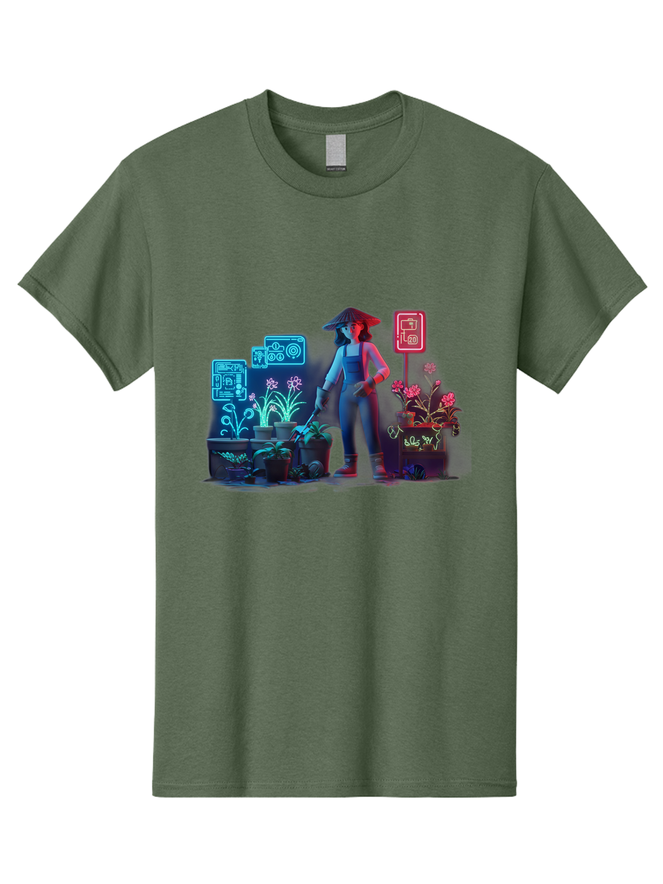 Gardener-1 Men'S Graphic Tee, 100% Cotton, Comfortable Casual Summer Wear, Machine Washable, Woman With Gardening Tool, Potted Plants, Futuristic Neon Signs, Smart Gardening, Innovative Agriculture, Digital Farming, Modern Farmer Baa712