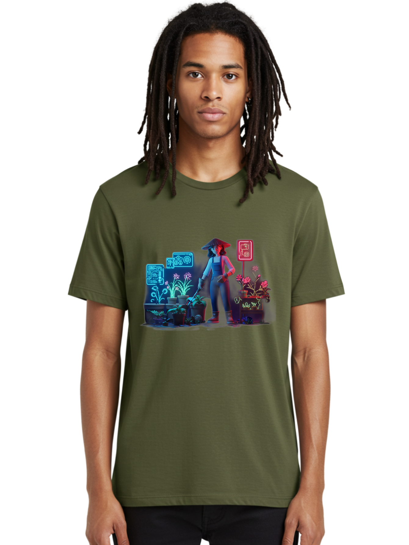 Gardener-1 Men'S Graphic Tee, 100% Cotton, Comfortable Casual Summer Wear, Machine Washable, Woman With Gardening Tool, Potted Plants, Futuristic Neon Signs, Smart Gardening, Innovative Agriculture, Digital Farming, Modern Farmer Baa712