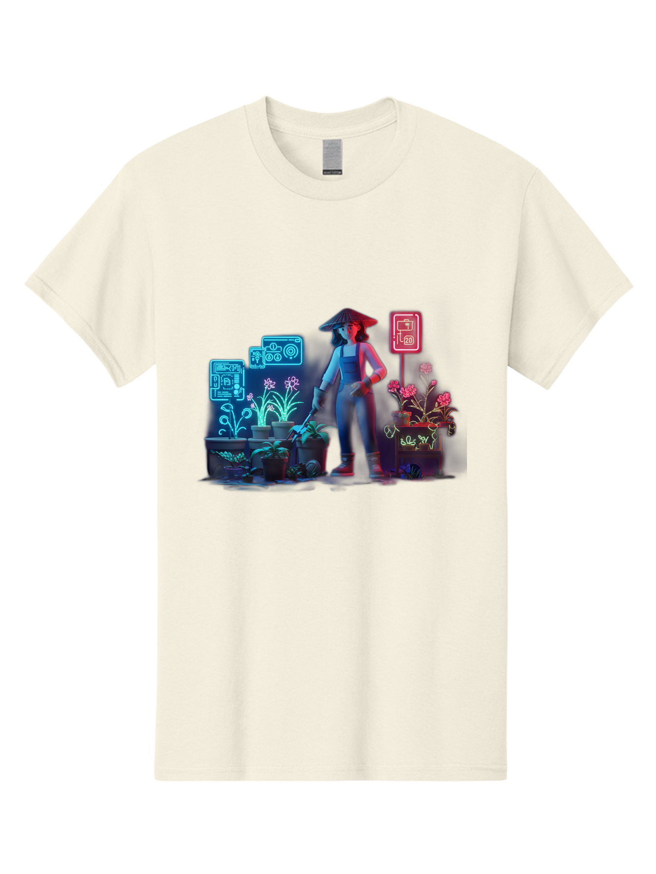 Gardener-1 Men'S Graphic Tee, 100% Cotton, Comfortable Casual Summer Wear, Machine Washable, Woman With Gardening Tool, Potted Plants, Futuristic Neon Signs, Smart Gardening, Innovative Agriculture, Digital Farming, Modern Farmer Baa712