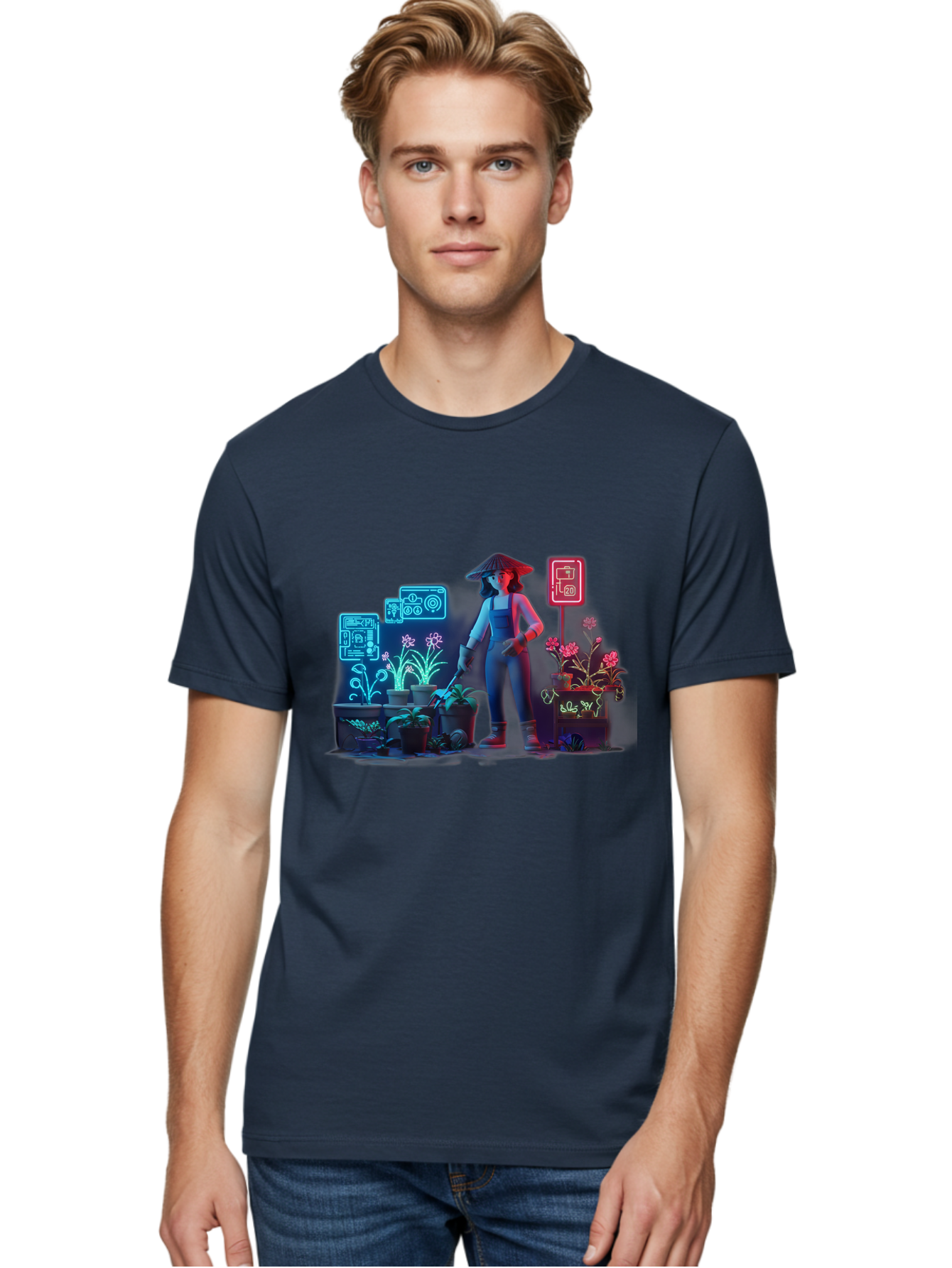 Gardener-1 Men'S Graphic Tee, 100% Cotton, Comfortable Casual Summer Wear, Machine Washable, Woman With Gardening Tool, Potted Plants, Futuristic Neon Signs, Smart Gardening, Innovative Agriculture, Digital Farming, Modern Farmer Baa712