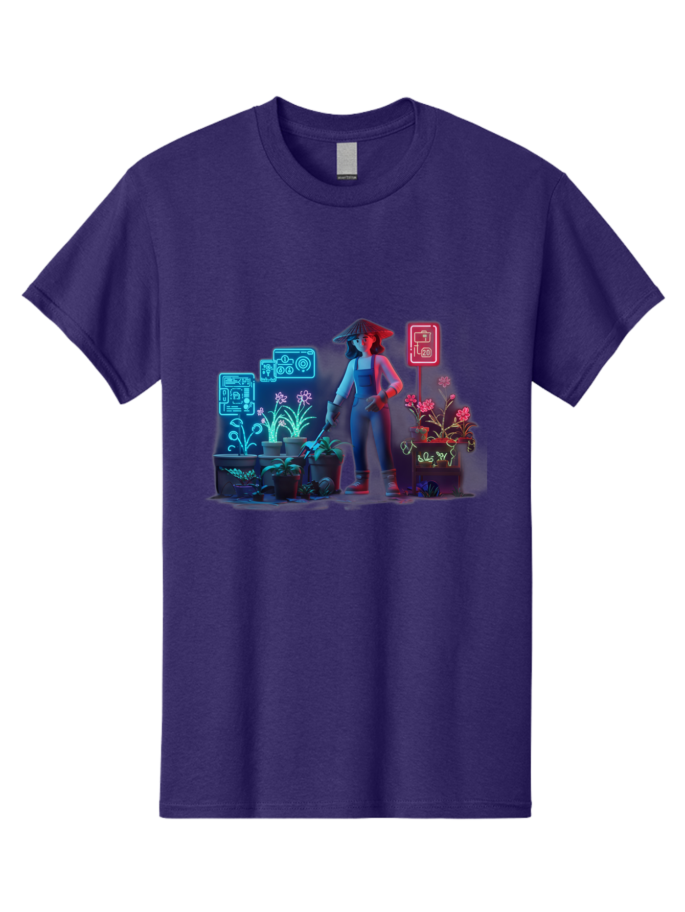 Gardener-1 Men'S Graphic Tee, 100% Cotton, Comfortable Casual Summer Wear, Machine Washable, Woman With Gardening Tool, Potted Plants, Futuristic Neon Signs, Smart Gardening, Innovative Agriculture, Digital Farming, Modern Farmer Baa712