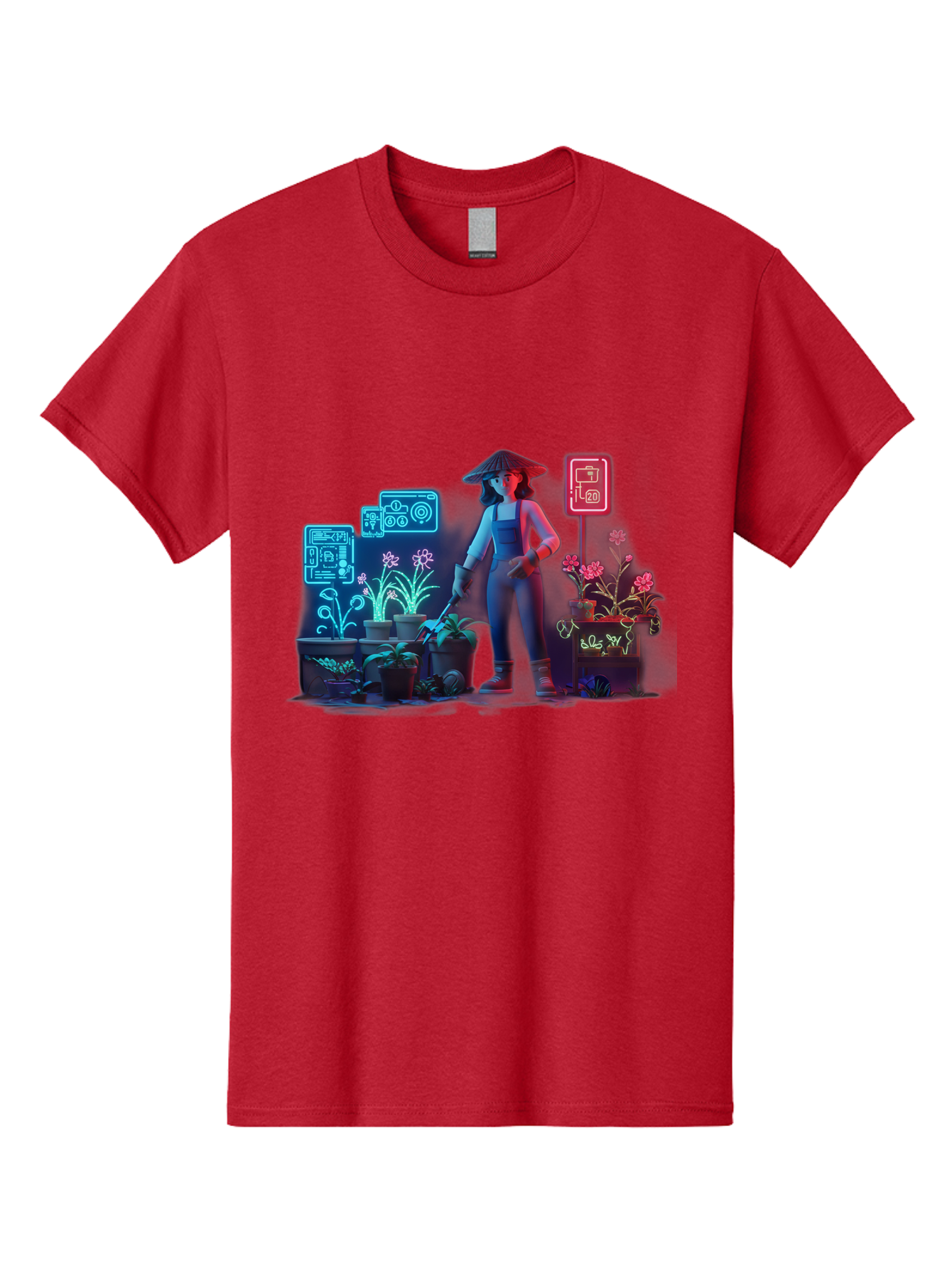 Gardener-1 Men'S Graphic Tee, 100% Cotton, Comfortable Casual Summer Wear, Machine Washable, Woman With Gardening Tool, Potted Plants, Futuristic Neon Signs, Smart Gardening, Innovative Agriculture, Digital Farming, Modern Farmer Baa712
