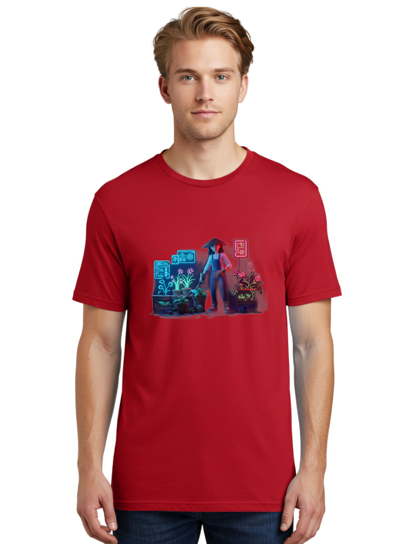 Gardener-1 Men'S Graphic Tee, 100% Cotton, Comfortable Casual Summer Wear, Machine Washable, Woman With Gardening Tool, Potted Plants, Futuristic Neon Signs, Smart Gardening, Innovative Agriculture, Digital Farming, Modern Farmer Baa712