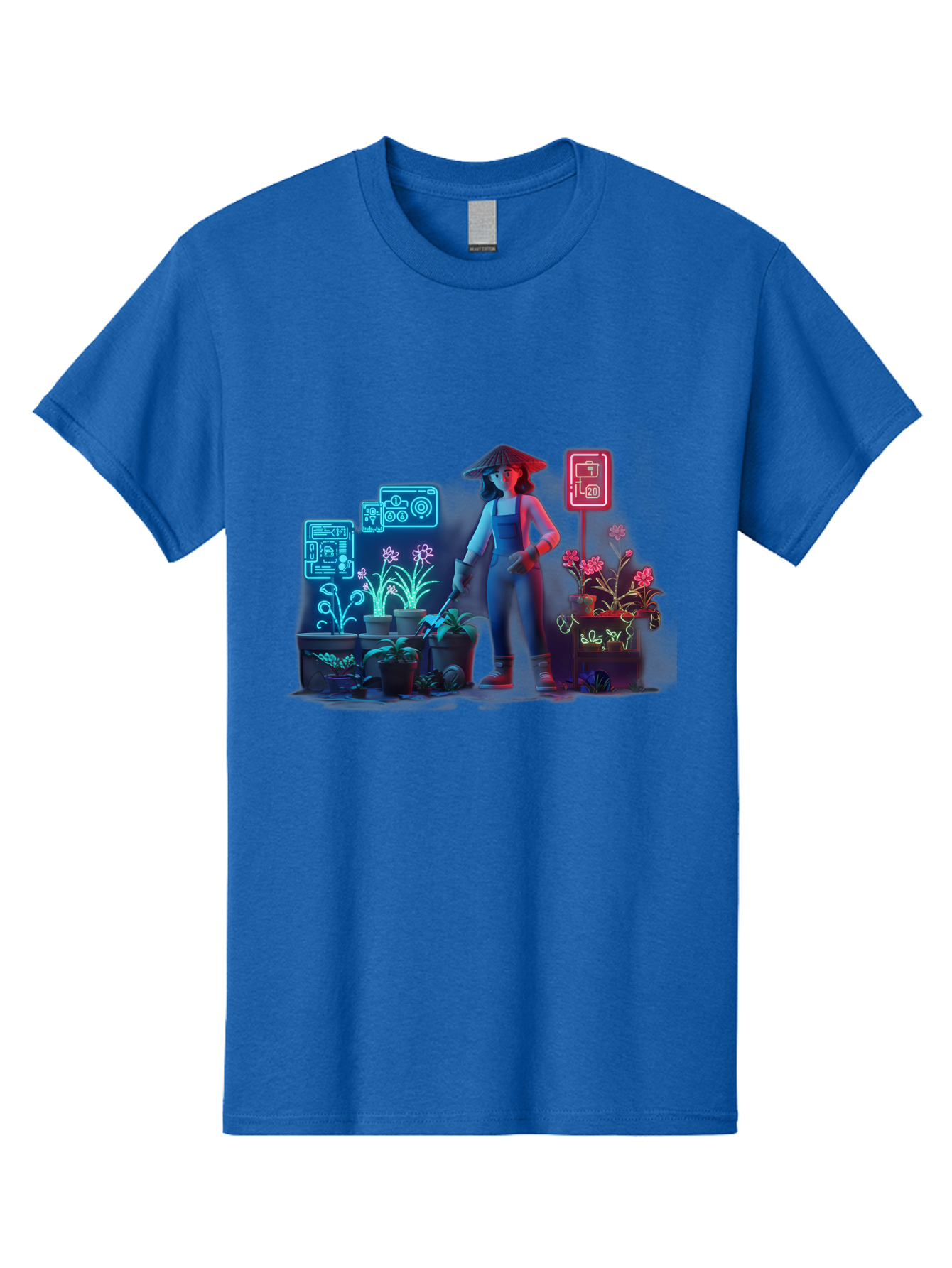 Gardener-1 Men'S Graphic Tee, 100% Cotton, Comfortable Casual Summer Wear, Machine Washable, Woman With Gardening Tool, Potted Plants, Futuristic Neon Signs, Smart Gardening, Innovative Agriculture, Digital Farming, Modern Farmer Baa712