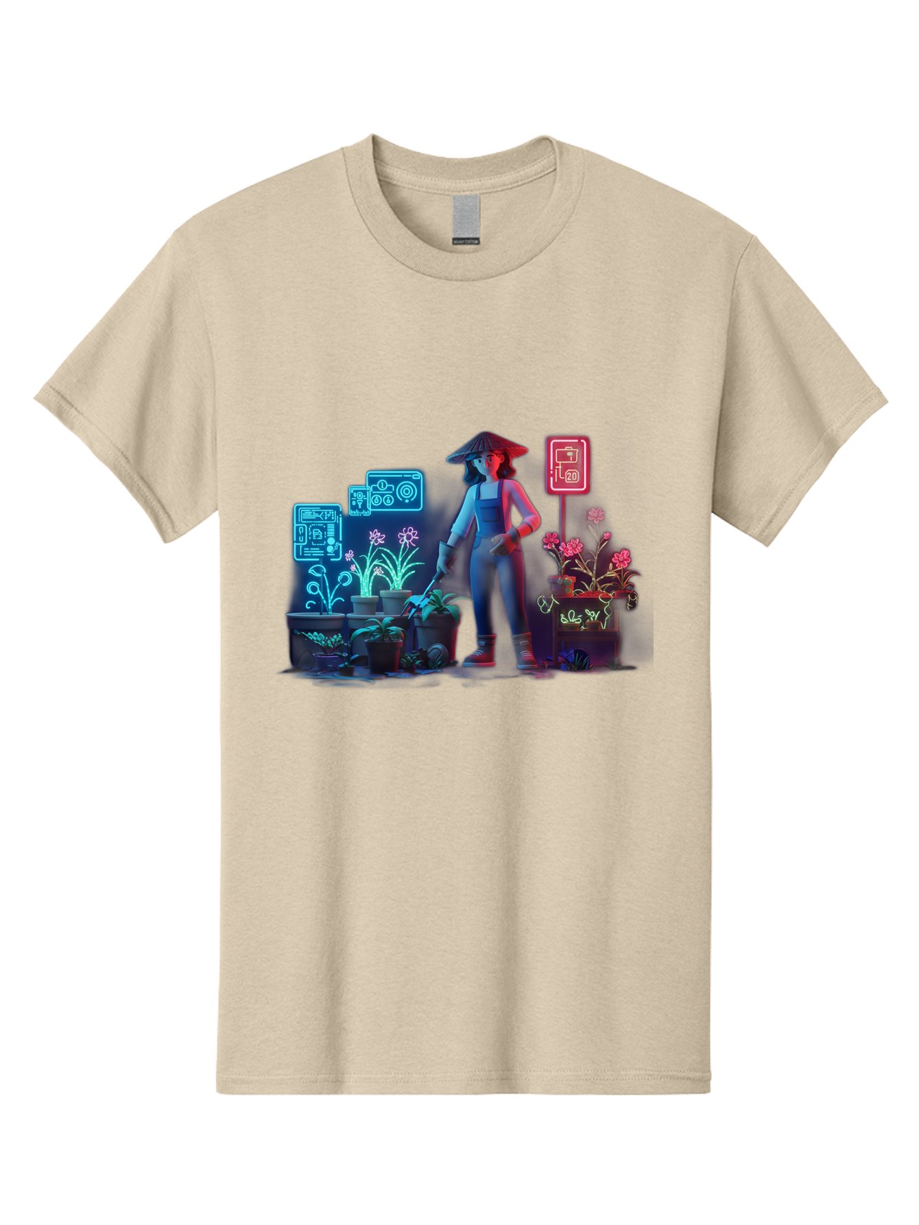Gardener-1 Men'S Graphic Tee, 100% Cotton, Comfortable Casual Summer Wear, Machine Washable, Woman With Gardening Tool, Potted Plants, Futuristic Neon Signs, Smart Gardening, Innovative Agriculture, Digital Farming, Modern Farmer Baa712