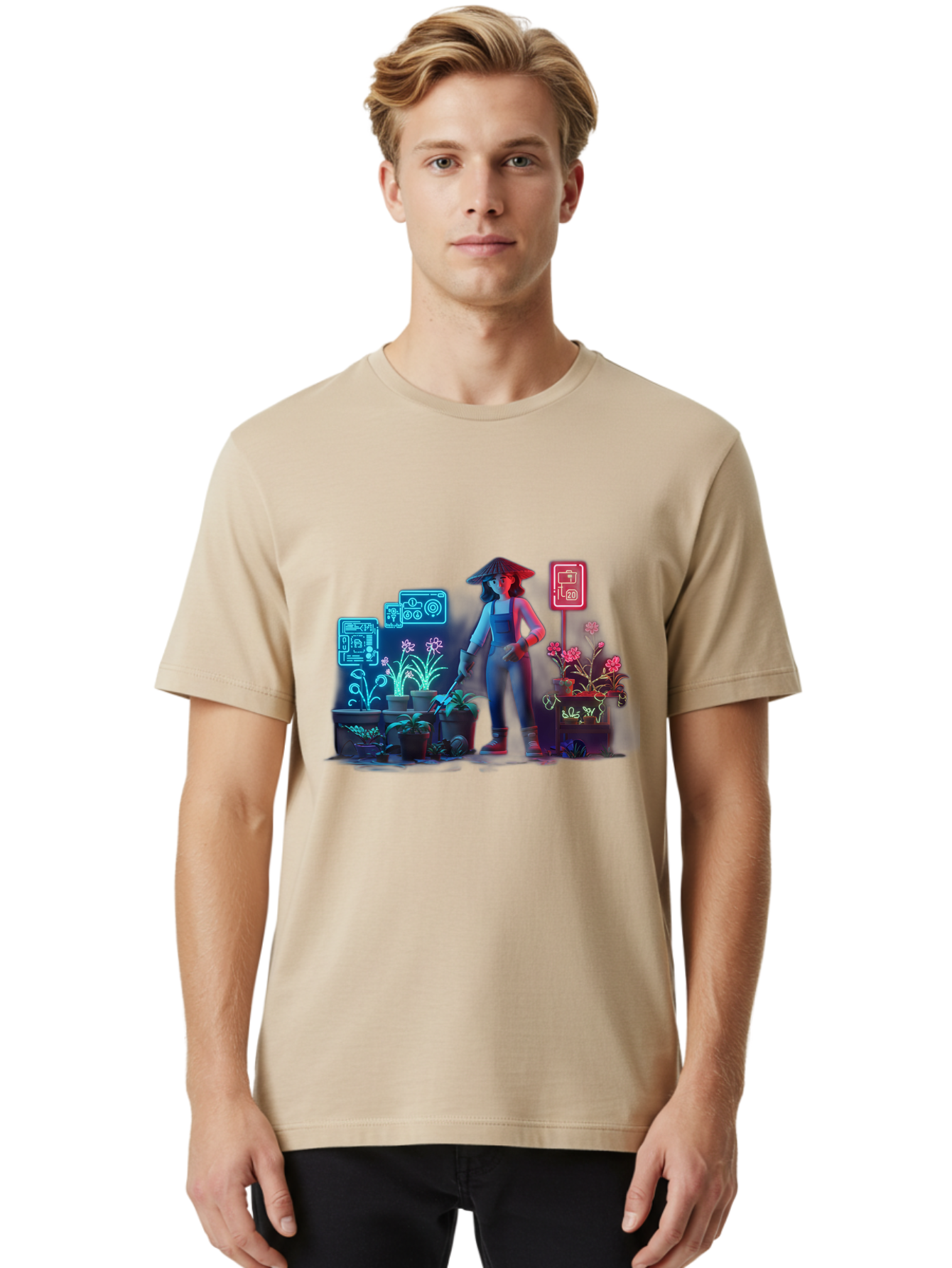 Gardener-1 Men'S Graphic Tee, 100% Cotton, Comfortable Casual Summer Wear, Machine Washable, Woman With Gardening Tool, Potted Plants, Futuristic Neon Signs, Smart Gardening, Innovative Agriculture, Digital Farming, Modern Farmer Baa712